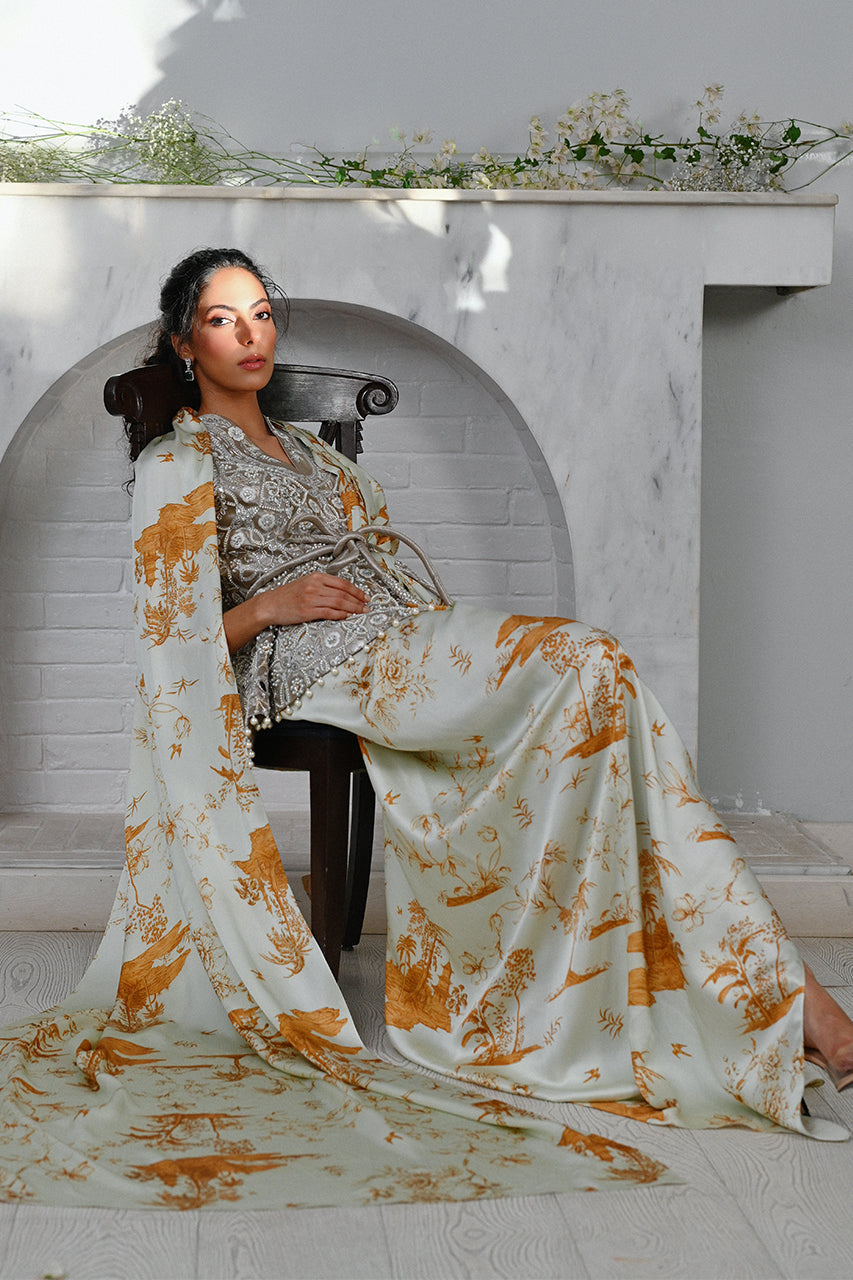 Pistachio Green Zardozi Charmeuse Sari (2-Piece) - Image 8