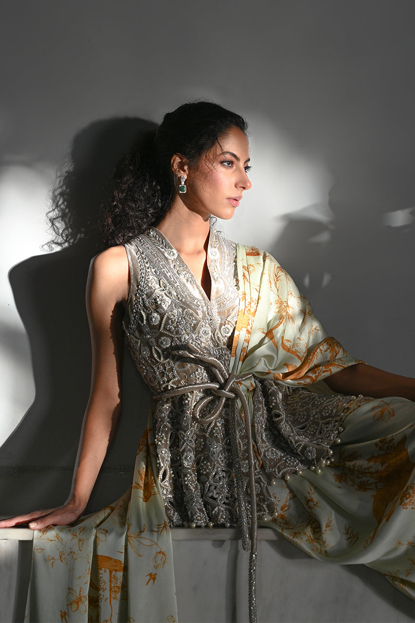 Pistachio Green Zardozi Charmeuse Sari (2-Piece) - Image 9