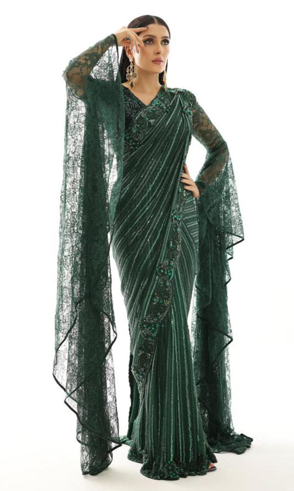 Pakistani Emerald Green Handworked Chiffon Saree (2-Piece) - Image 2