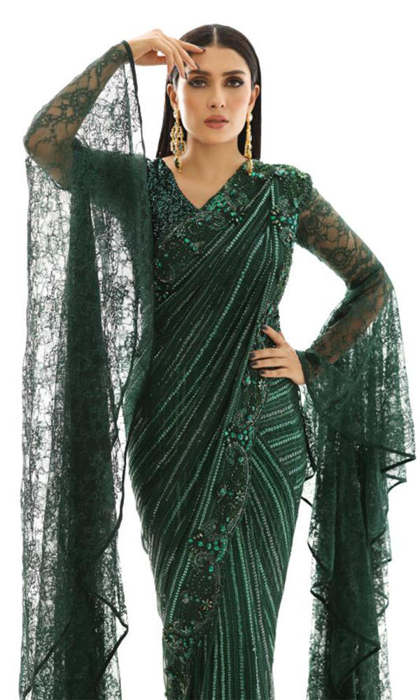 Pakistani Emerald Green Handworked Chiffon Saree (2-Piece) - Image 3
