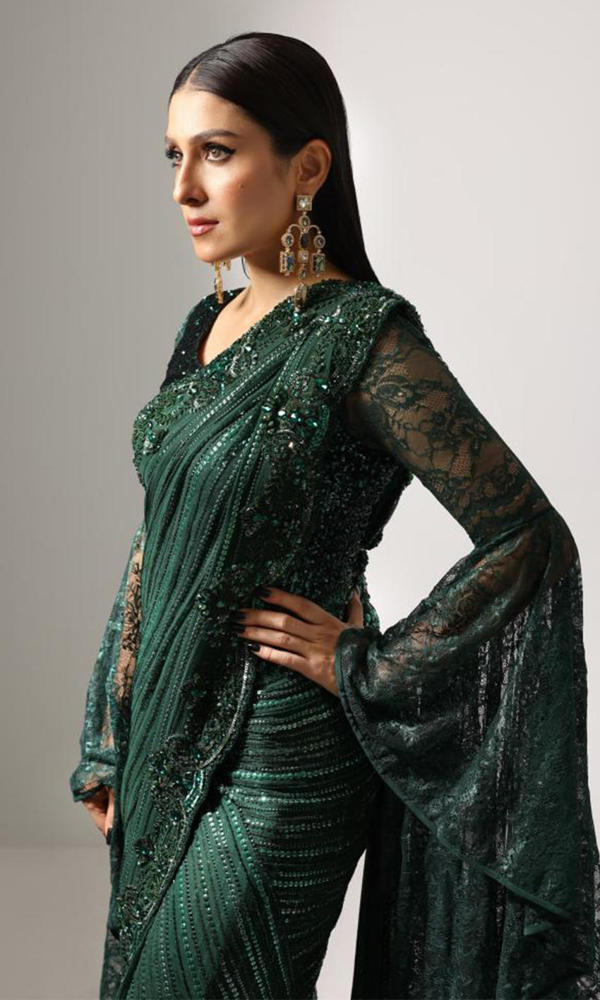 Pakistani Emerald Green Handworked Chiffon Saree (2-Piece) - Image 4