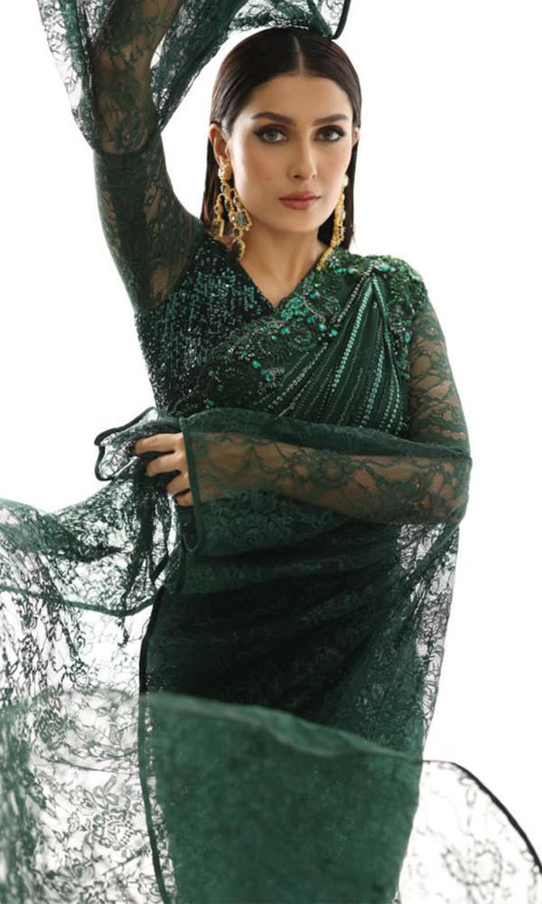 Pakistani Emerald Green Handworked Chiffon Saree (2-Piece) - Image 5