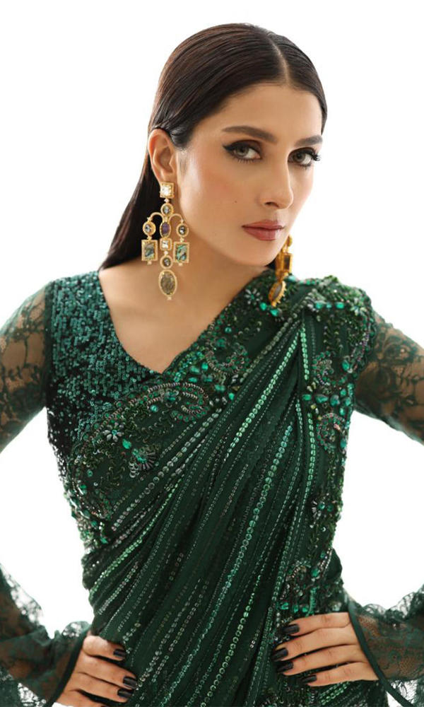 Pakistani Emerald Green Handworked Chiffon Saree (2-Piece) - Image 6