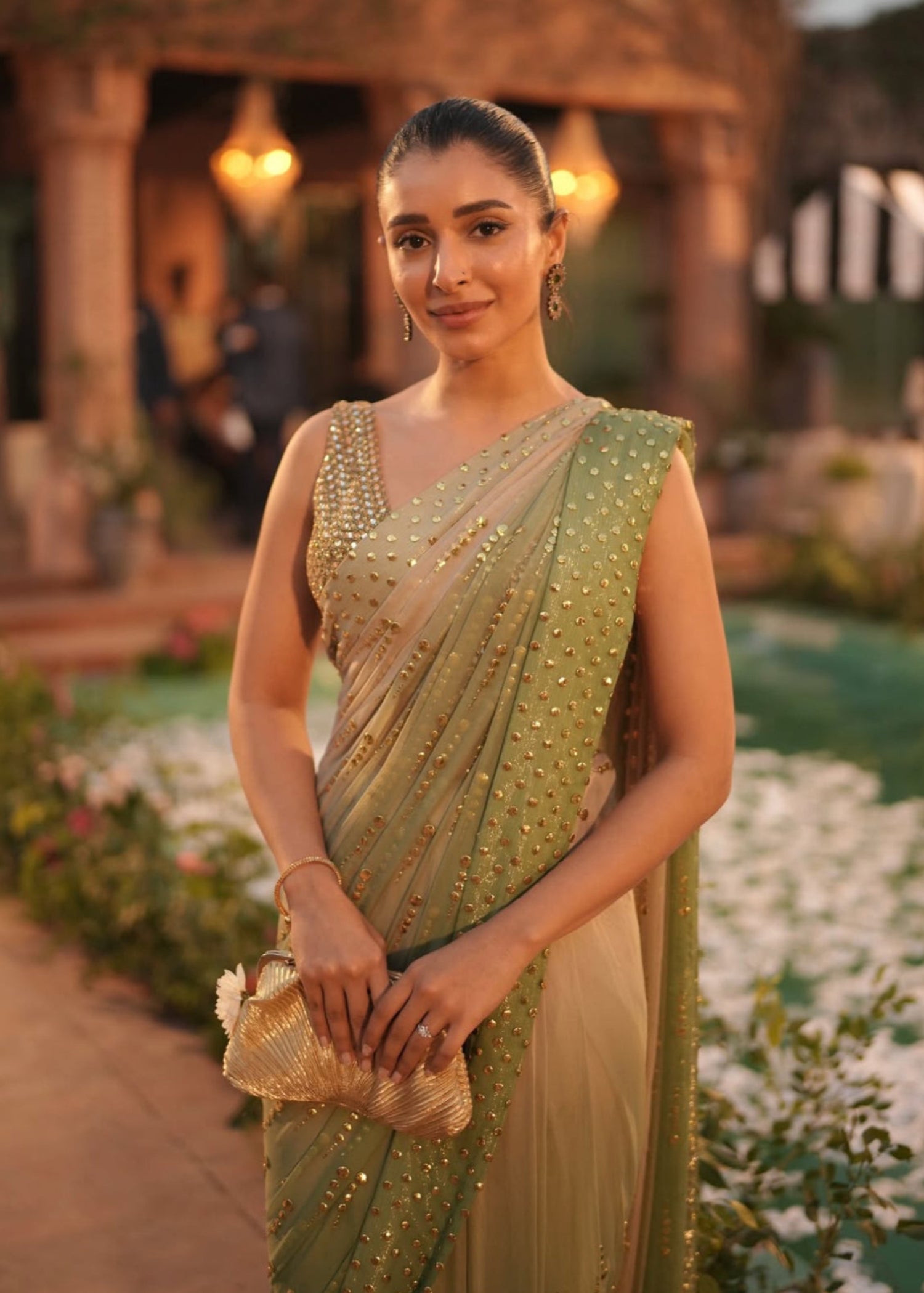 Porcelain to Seafoam Green Embellished Chiffon Saree (2-Piece) - Image 2