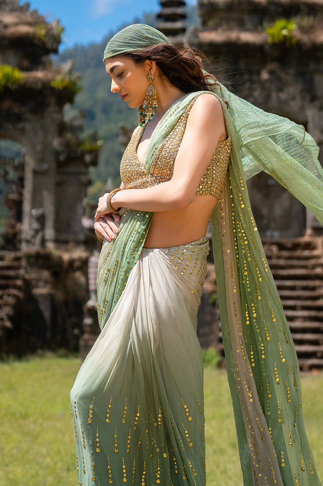 Pakistani Porcelain to Seafoam Green Embroidered Chiffon Saree (2-Piece) - Image 5