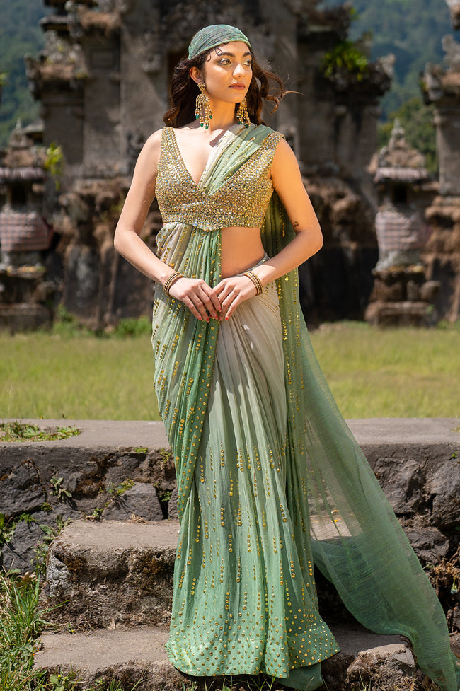 Indian Porcelain to Seafoam Green Embroidered Chiffon Saree (2-Piece) - Image 2
