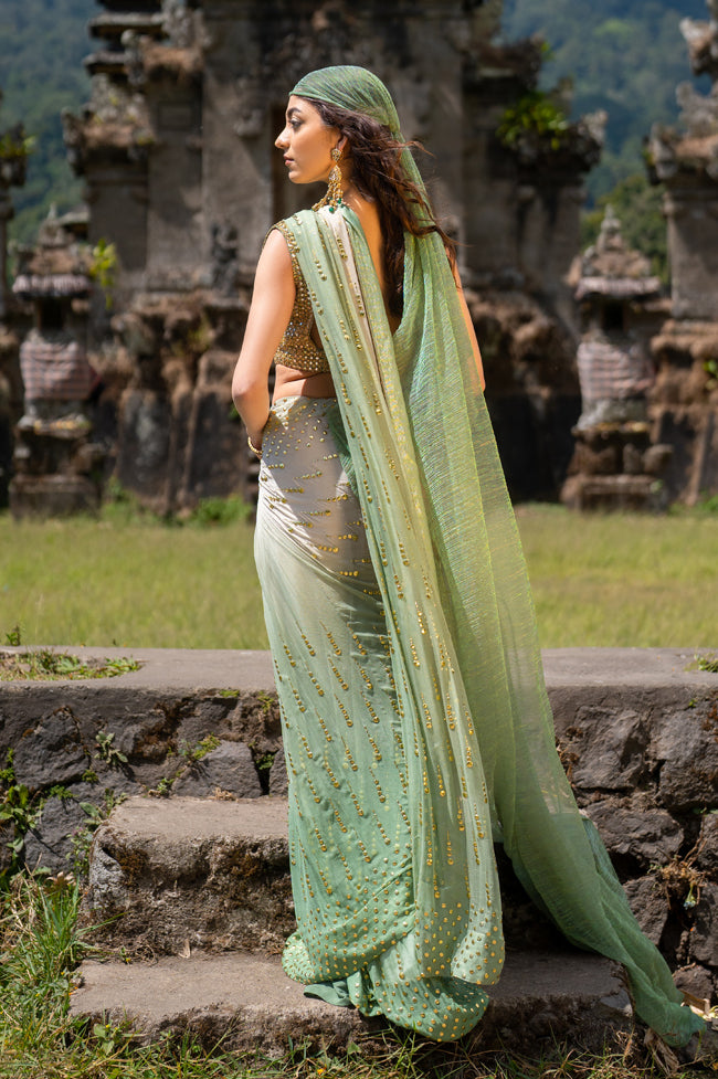 Indian Porcelain to Seafoam Green Embroidered Chiffon Saree (2-Piece) - Image 3