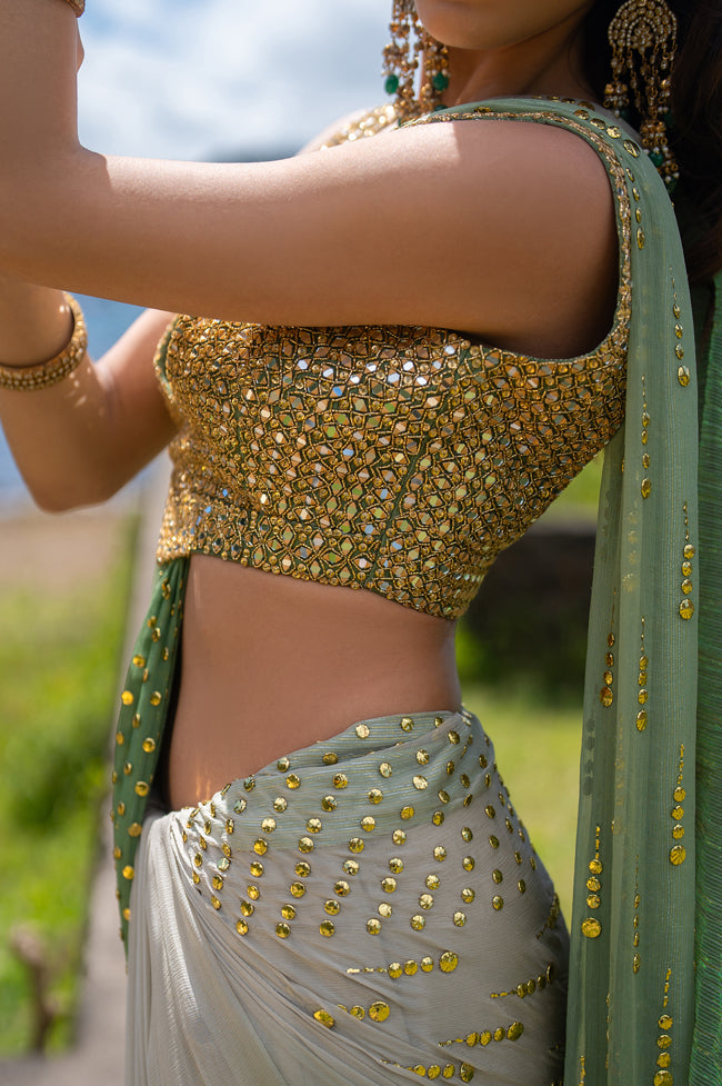 Indian Porcelain to Seafoam Green Embroidered Chiffon Saree (2-Piece) - Image 4