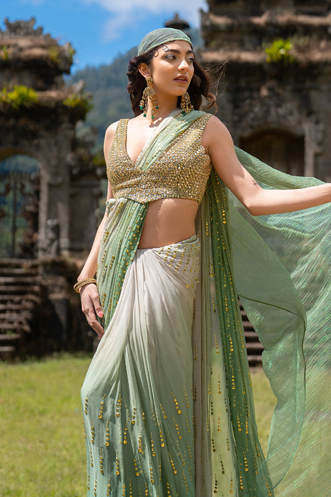 Indian Porcelain to Seafoam Green Embroidered Chiffon Saree (2-Piece) - Image 6