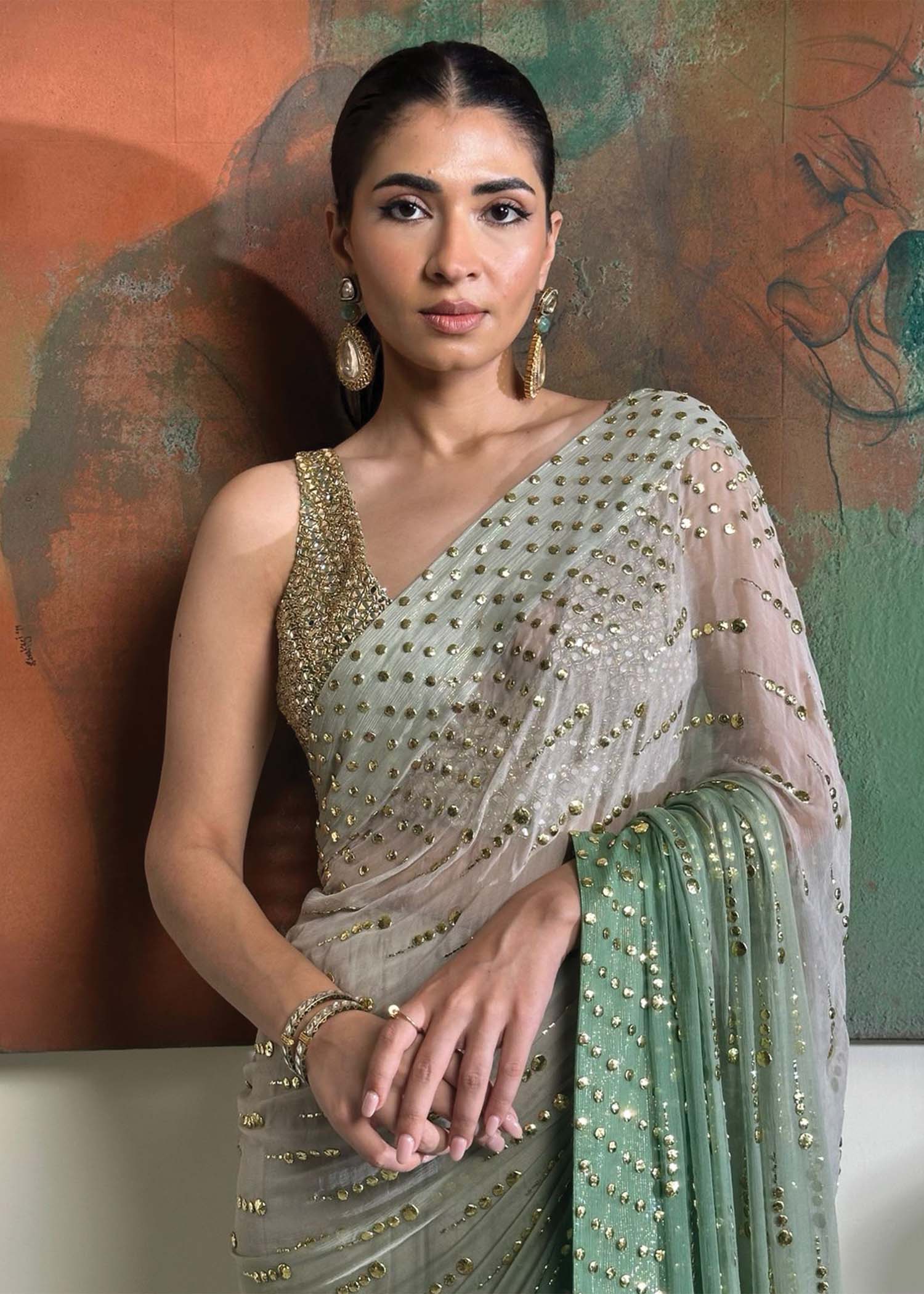 Indian Porcelain to Seafoam Green Mukesh Chiffon Saree (2-Piece) - Image 1