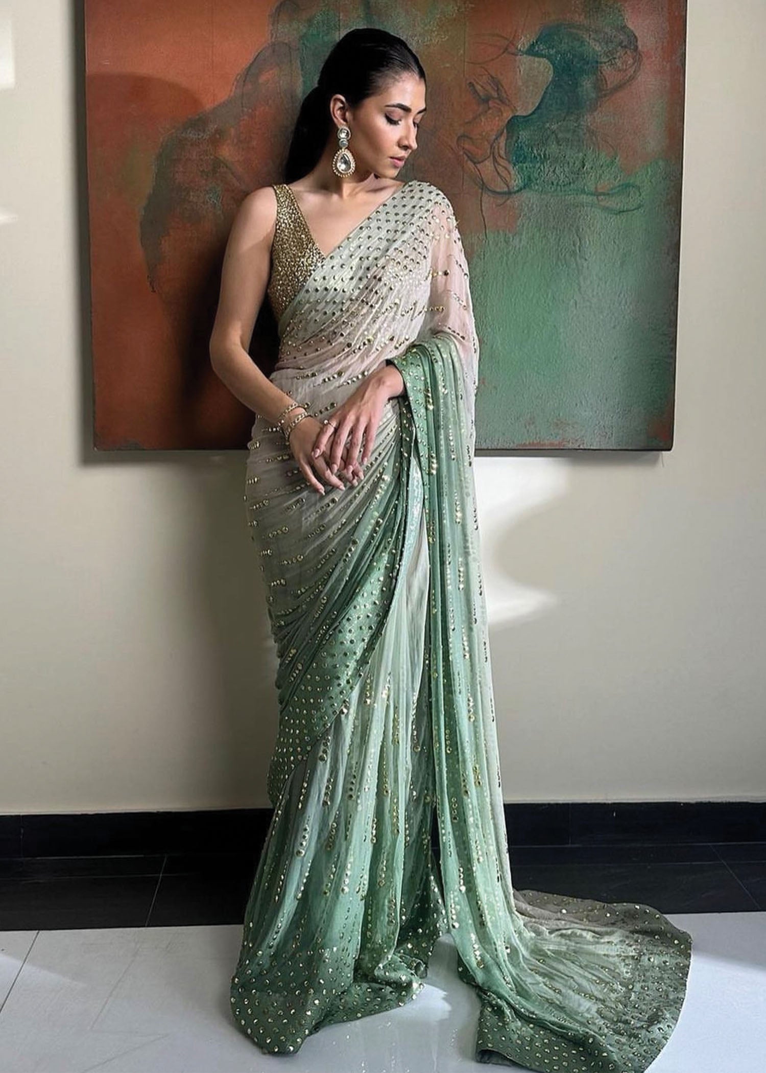 Indian Porcelain to Seafoam Green Mukesh Chiffon Saree (2-Piece) - Image 2