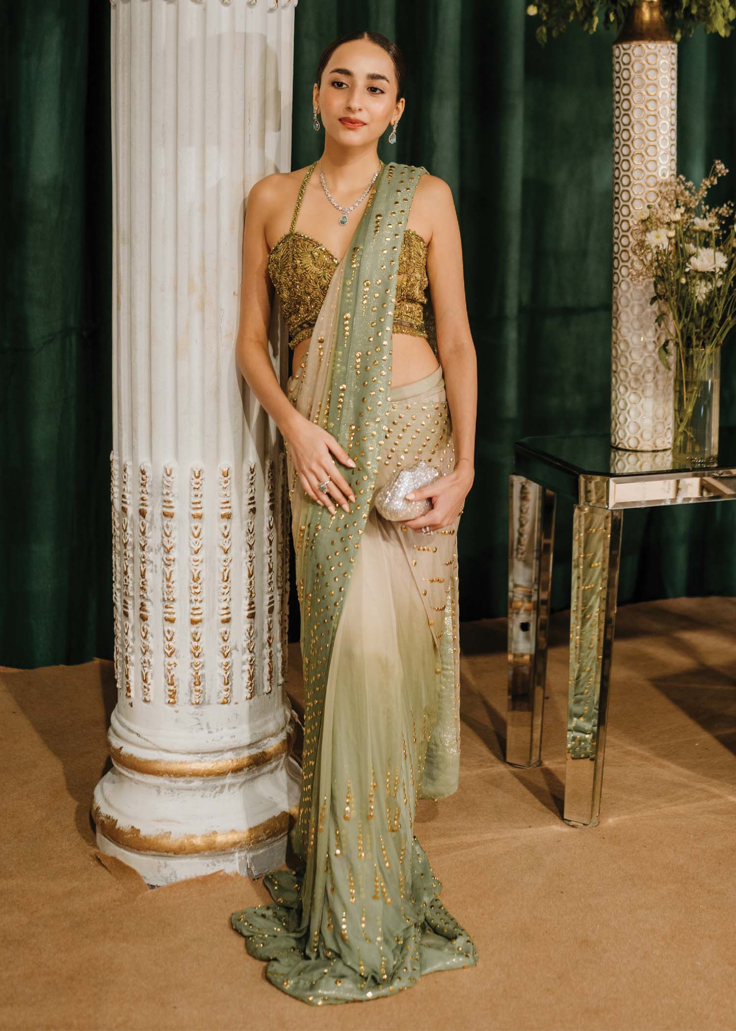 Porcelain to Seafoam Green Mukesh Chiffon Saree (2-Piece) - Image 2