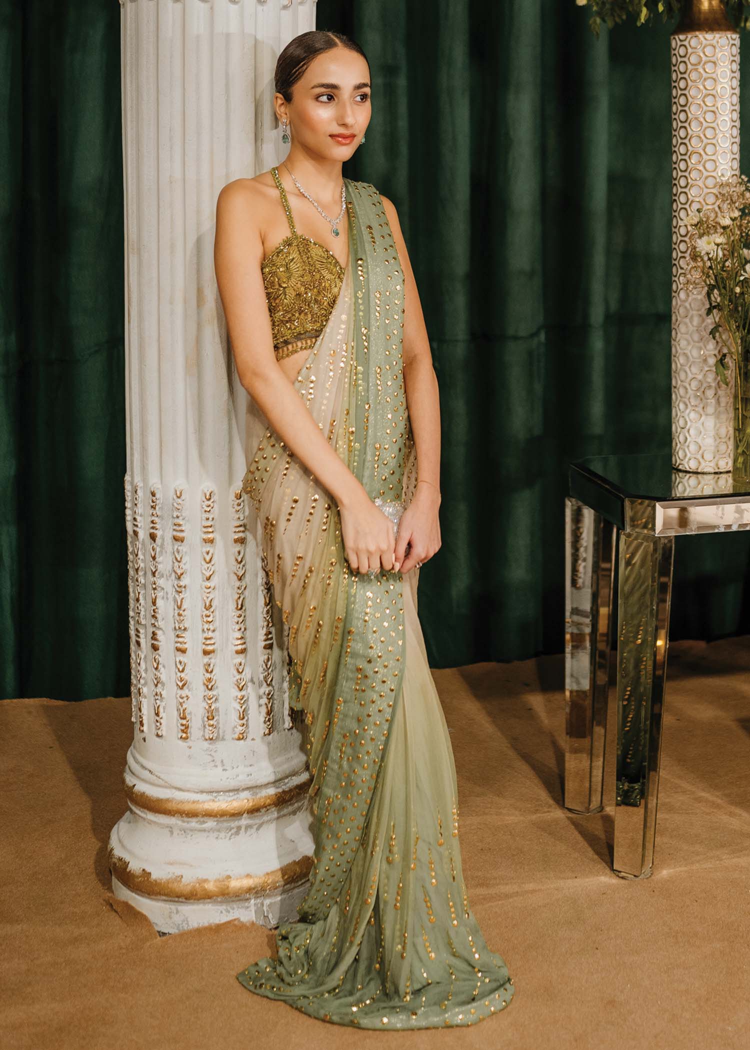 Porcelain to Seafoam Green Mukesh Chiffon Saree (2-Piece) - Image 3