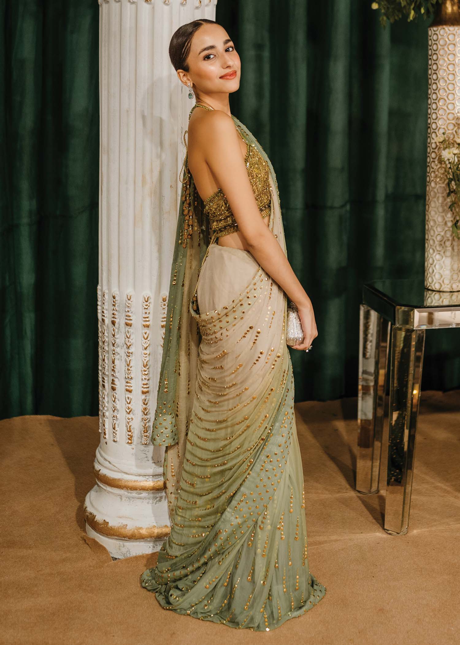 Porcelain to Seafoam Green Mukesh Chiffon Saree (2-Piece) - Image 4