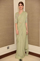 Pakistani Mint Embellished Korean Net Blouse & Chiffon Sari (2-Piece) - Image 2