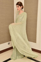 Pakistani Mint Embellished Korean Net Blouse & Chiffon Sari (2-Piece) - Image 4