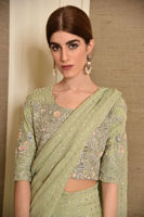 Pakistani Mint Embellished Korean Net Blouse & Chiffon Sari (2-Piece) - Image 5