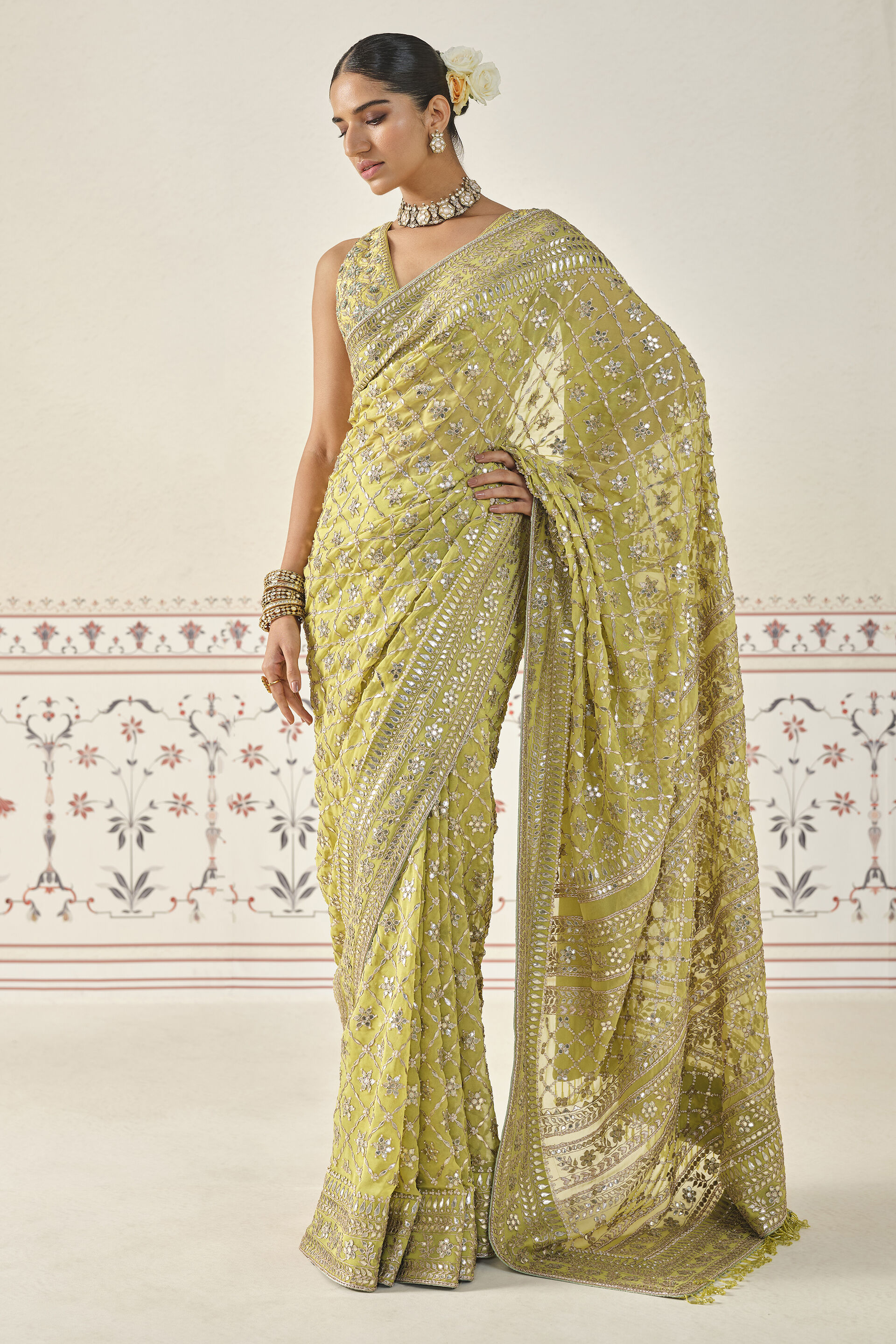 Lime Gota Patti Cupro Saree (3-Piece) - Image 1