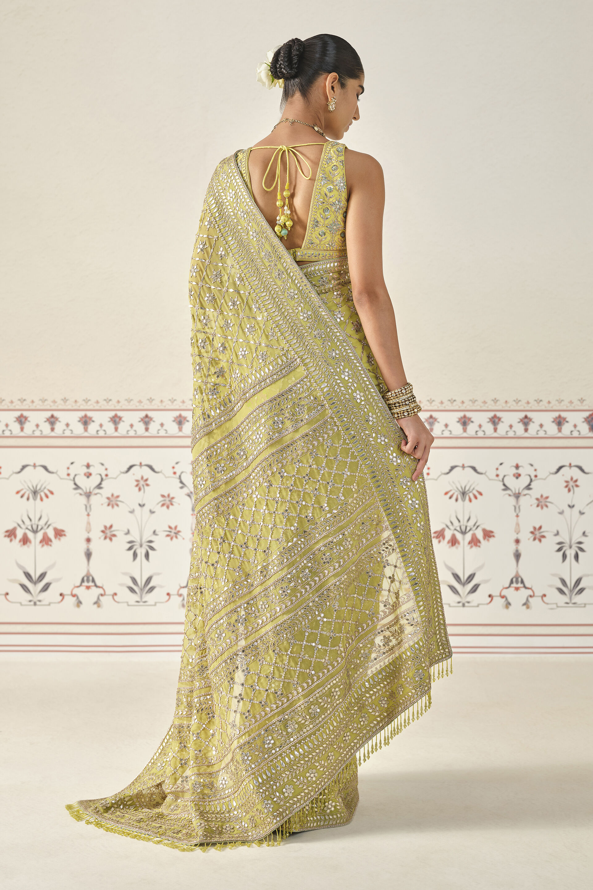 Lime Gota Patti Cupro Saree (3-Piece) - Image 2