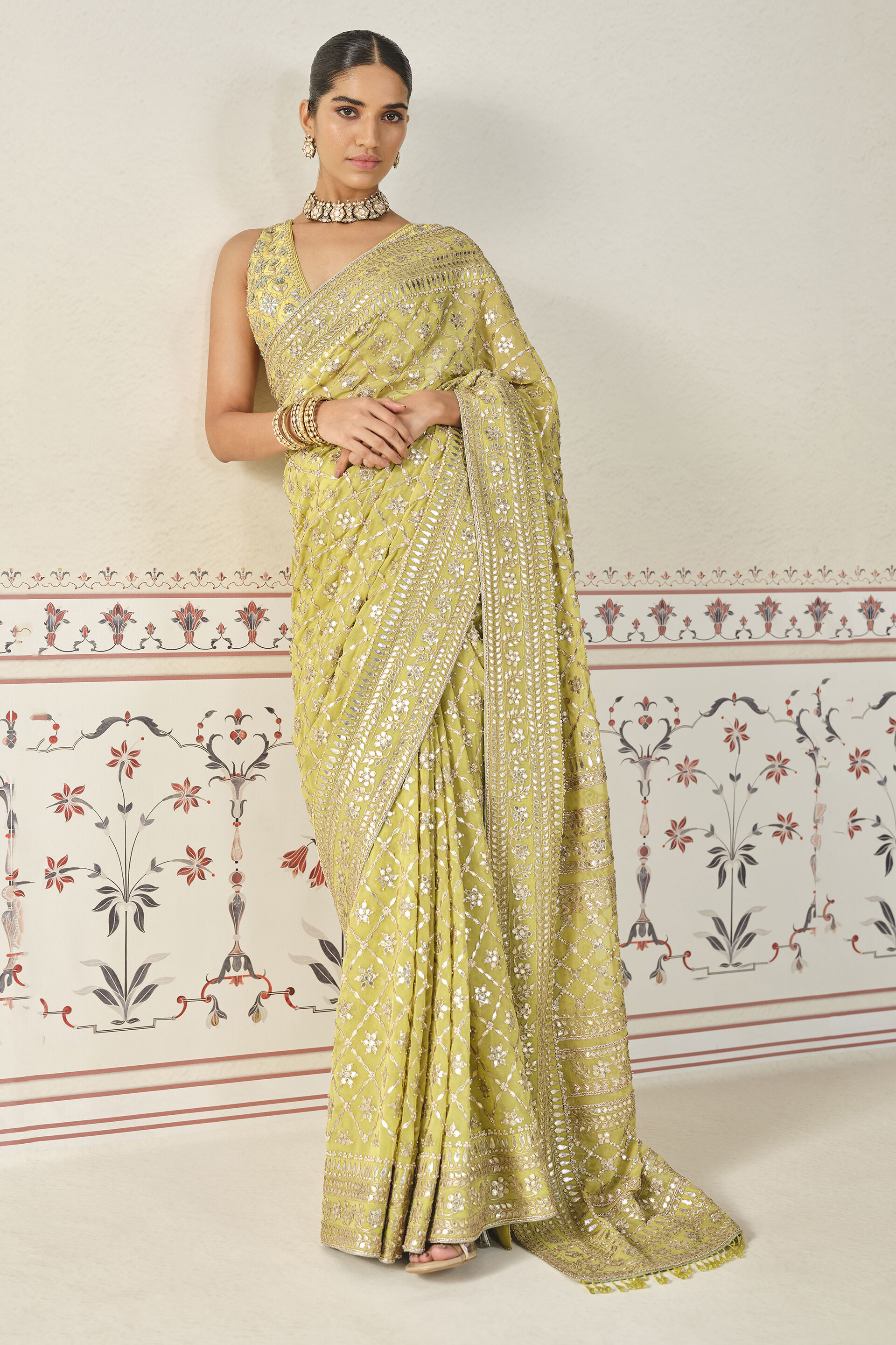 Lime Gota Patti Cupro Saree (3-Piece) - Image 3