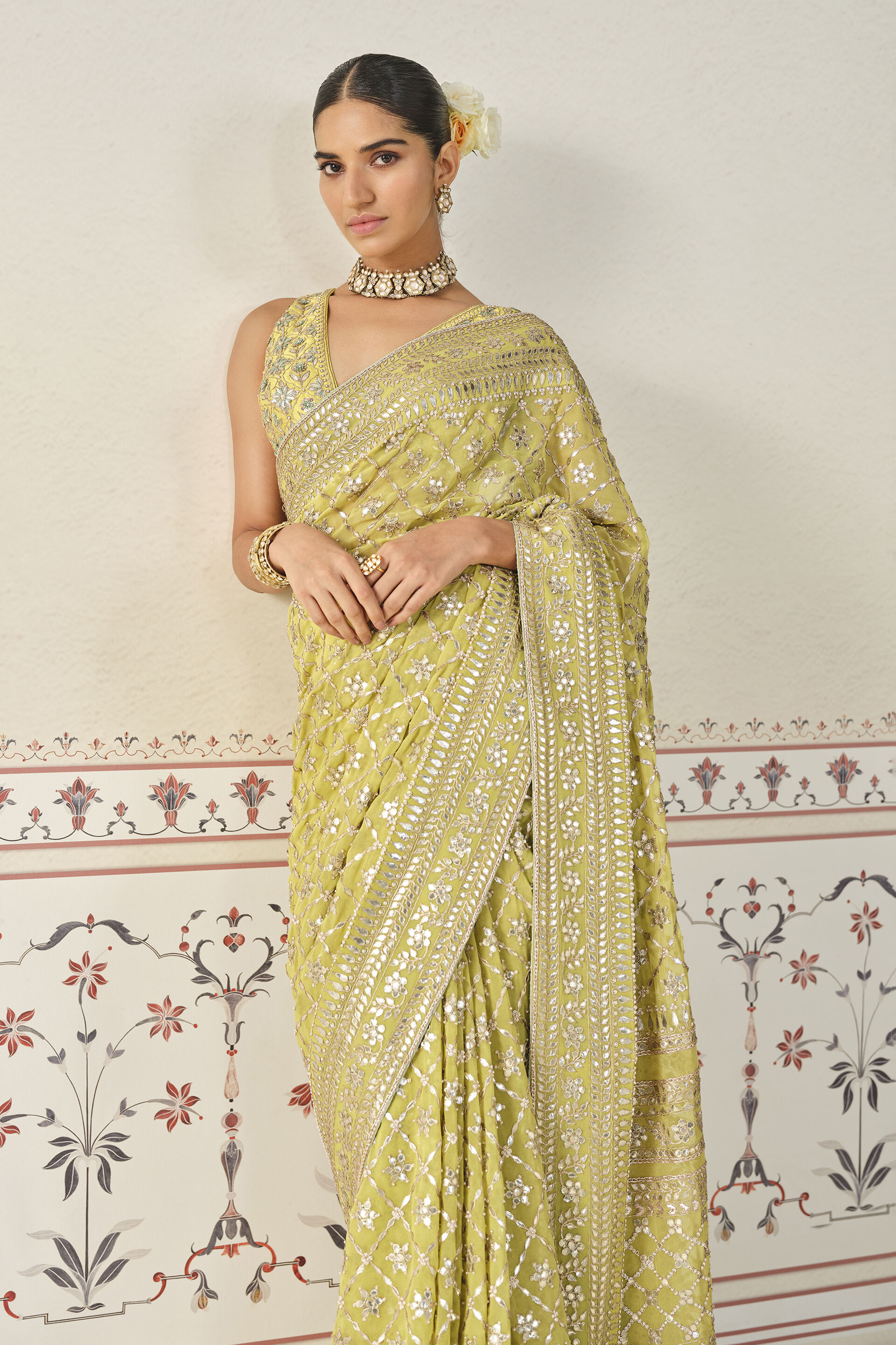 Lime Gota Patti Cupro Saree (3-Piece) - Image 4