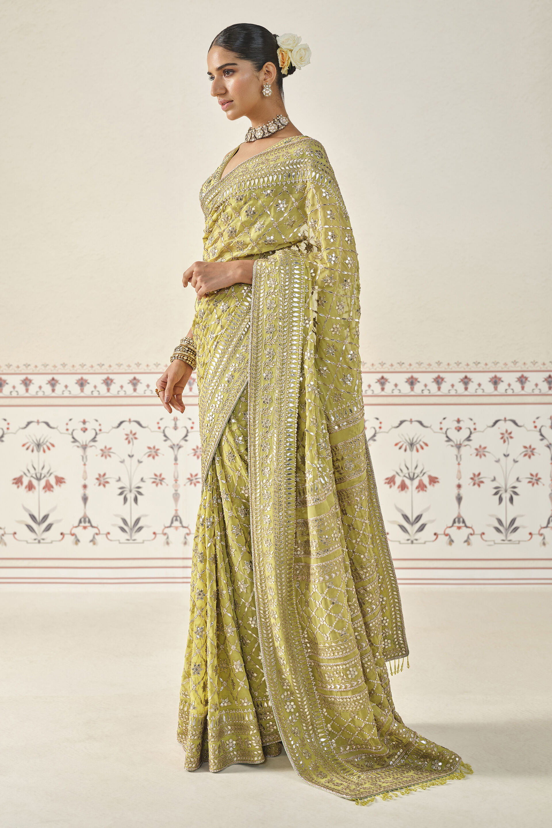 Lime Gota Patti Cupro Saree (3-Piece) - Image 5
