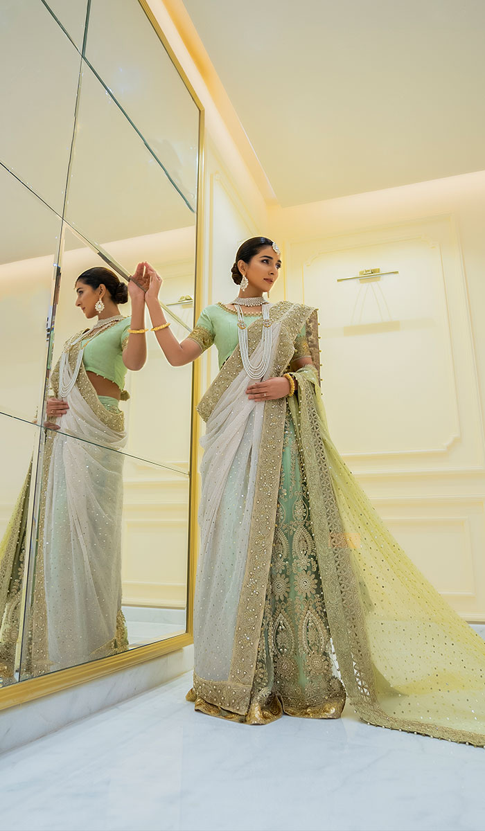 Pakistani Mint Green Gold Embroidered Saree (1-Pc) - Image 1