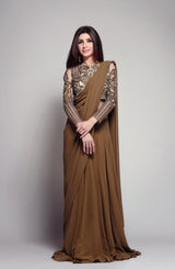 Indian Khaki Green Embroidered Net & Georgette Chiffon Saree (2-Piece) - Image 2