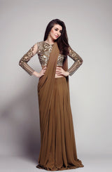Indian Khaki Green Embroidered Net & Georgette Chiffon Saree (2-Piece) - Image 3