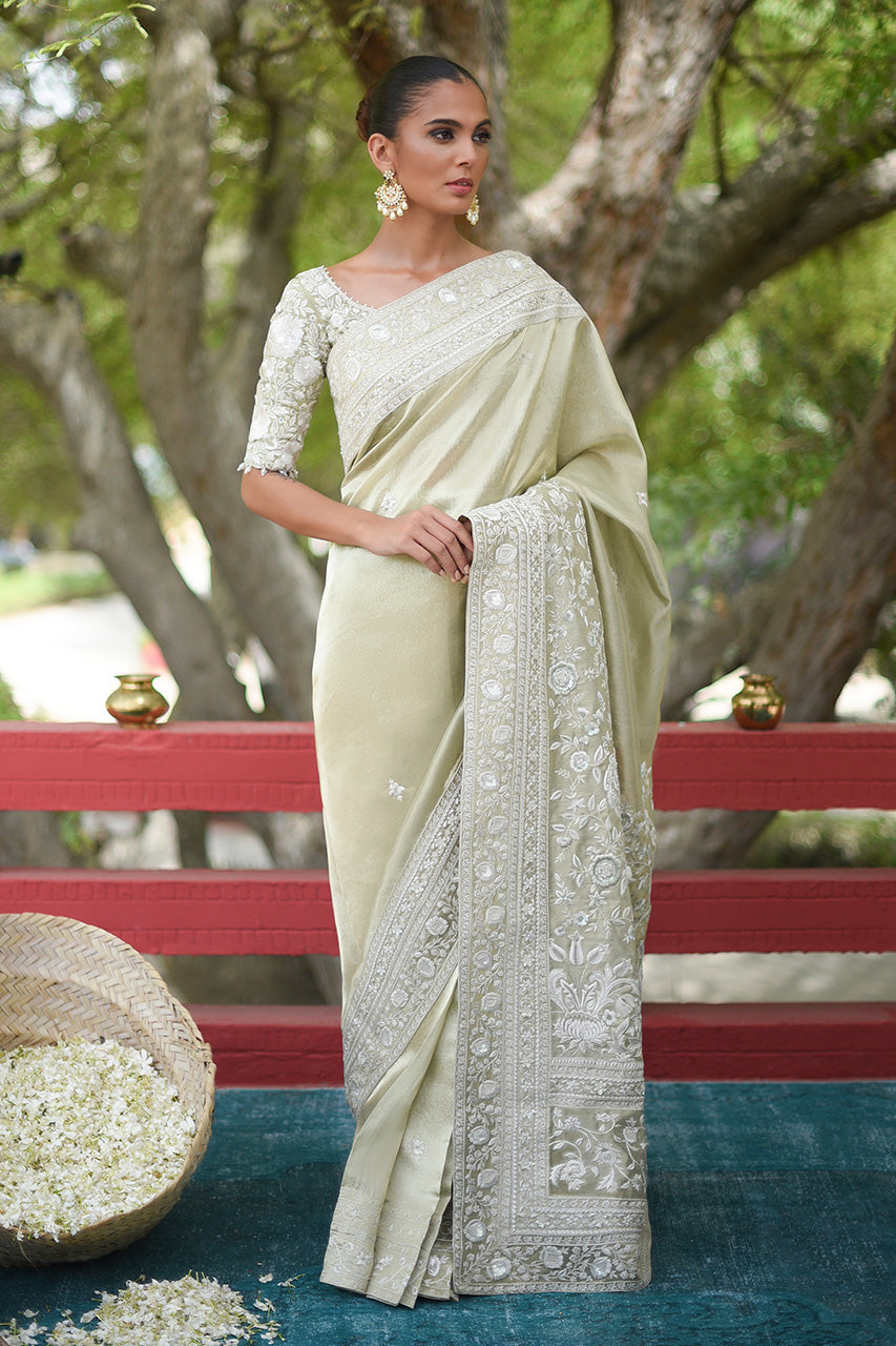Pastel Sage Green Embroidered Jamawar Tissue Saree (2-Piece) - Image 1