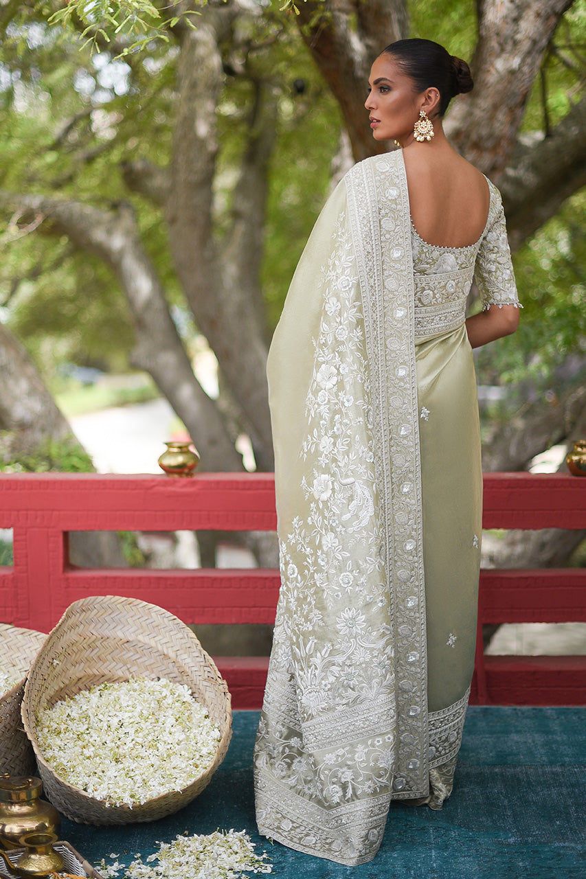 Pastel Sage Green Embroidered Jamawar Tissue Saree (2-Piece) - Image 2