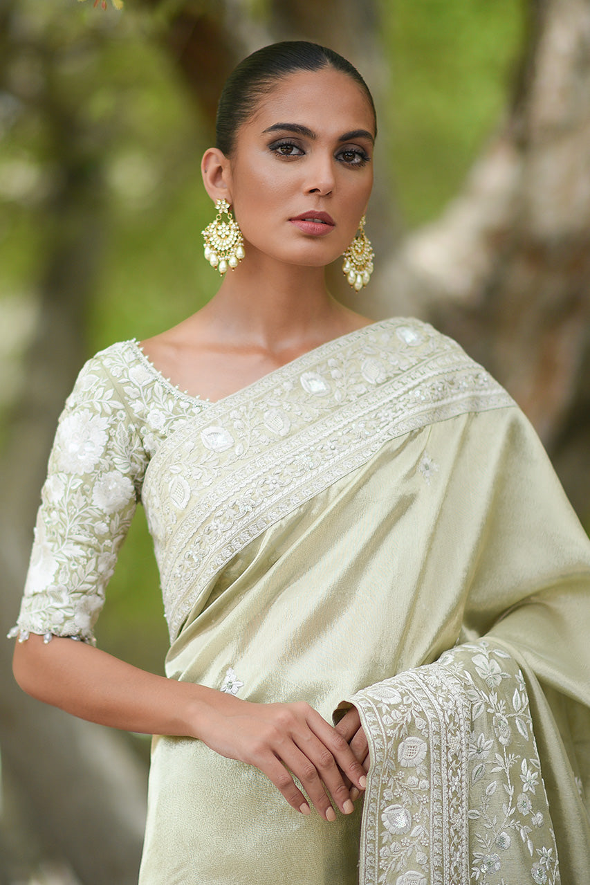 Pastel Sage Green Embroidered Jamawar Tissue Saree (2-Piece) - Image 3