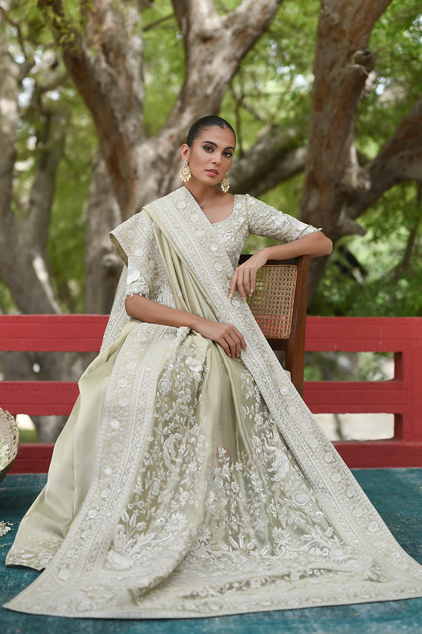 Pastel Sage Green Embroidered Jamawar Tissue Saree (2-Piece) - Image 4