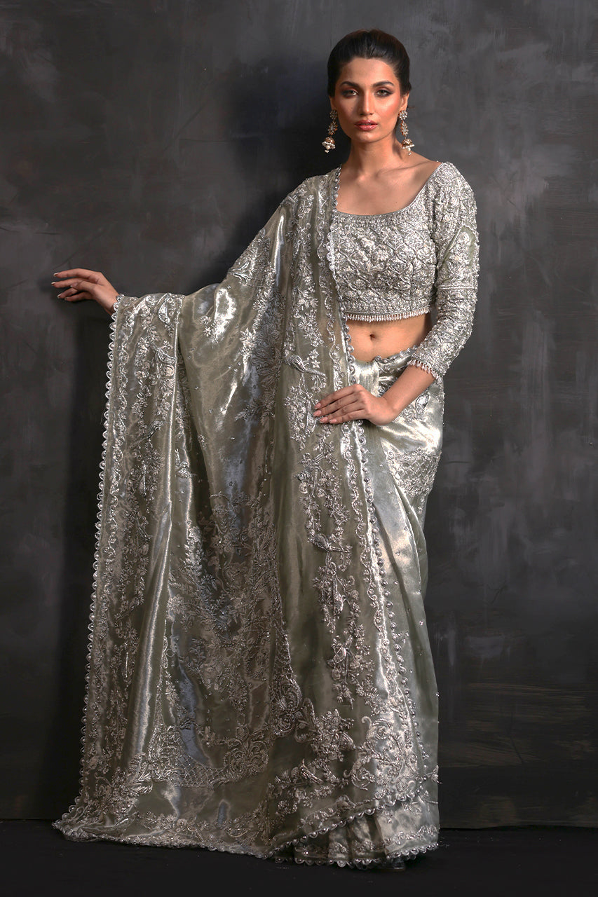 Mint Metallic Silk Saree with Silver Zardozi (2-Piece) - Image 1