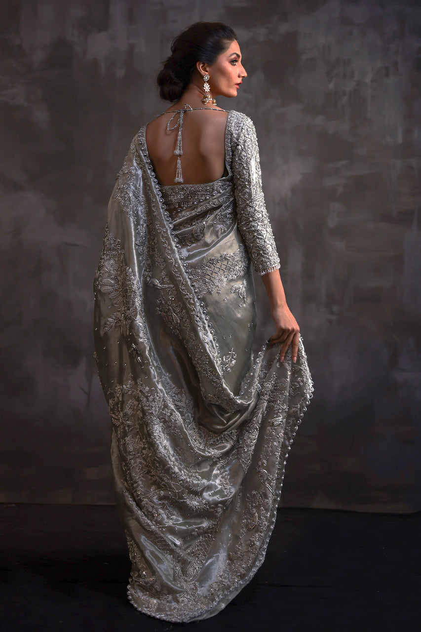 Mint Metallic Silk Saree with Silver Zardozi (2-Piece) - Image 2