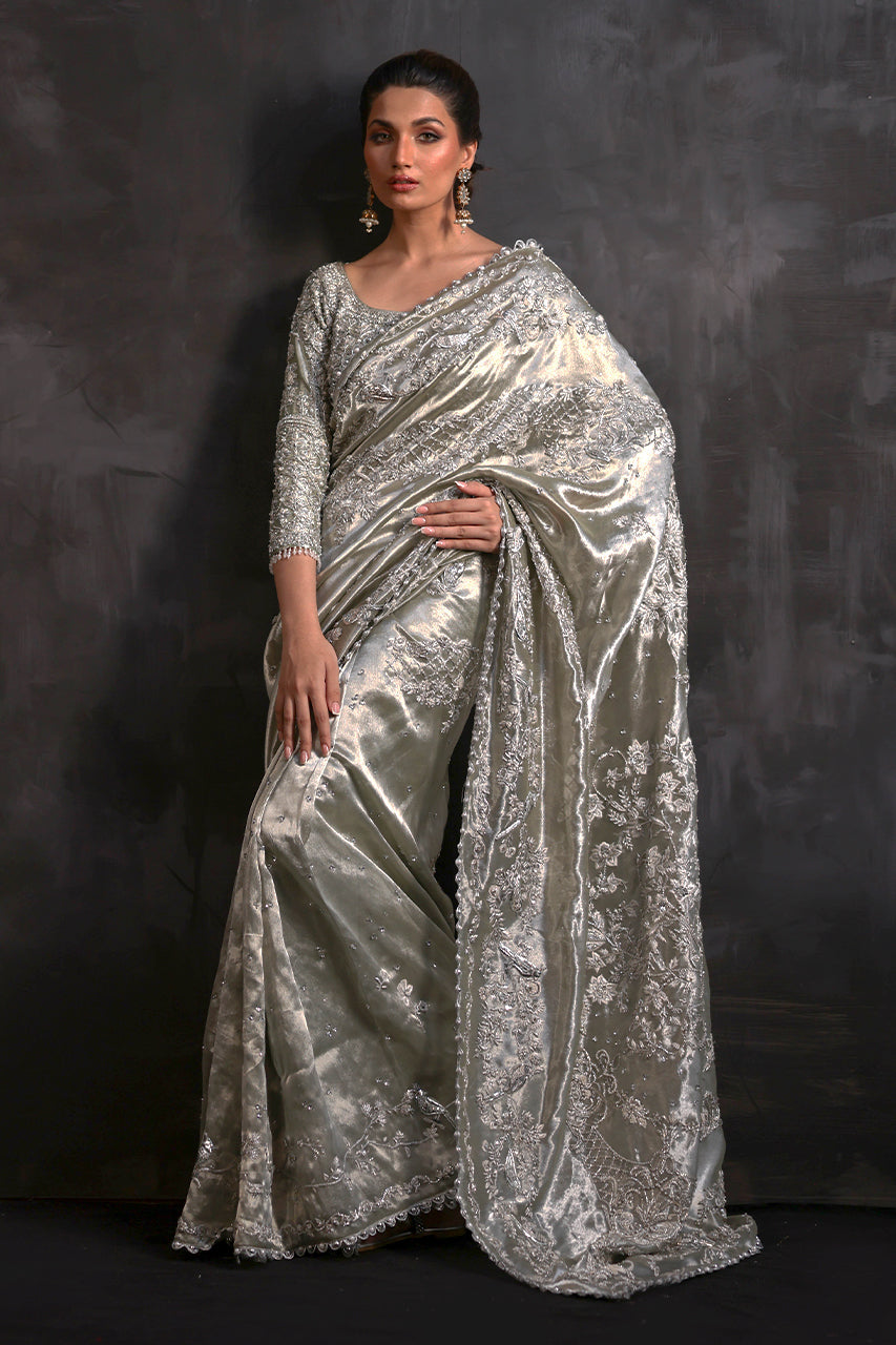 Mint Metallic Silk Saree with Silver Zardozi (2-Piece) - Image 3
