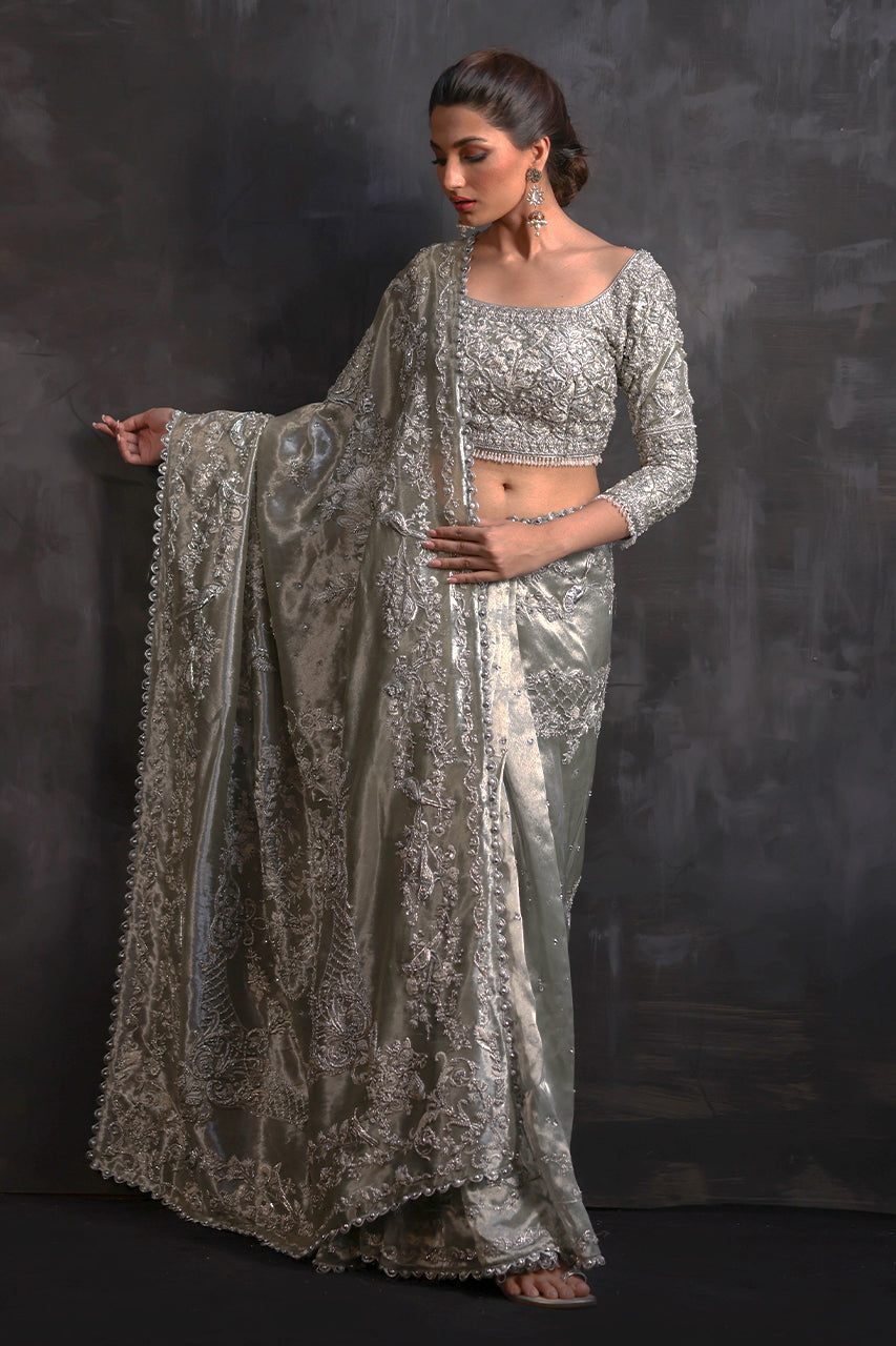 Mint Metallic Silk Saree with Silver Zardozi (2-Piece) - Image 5