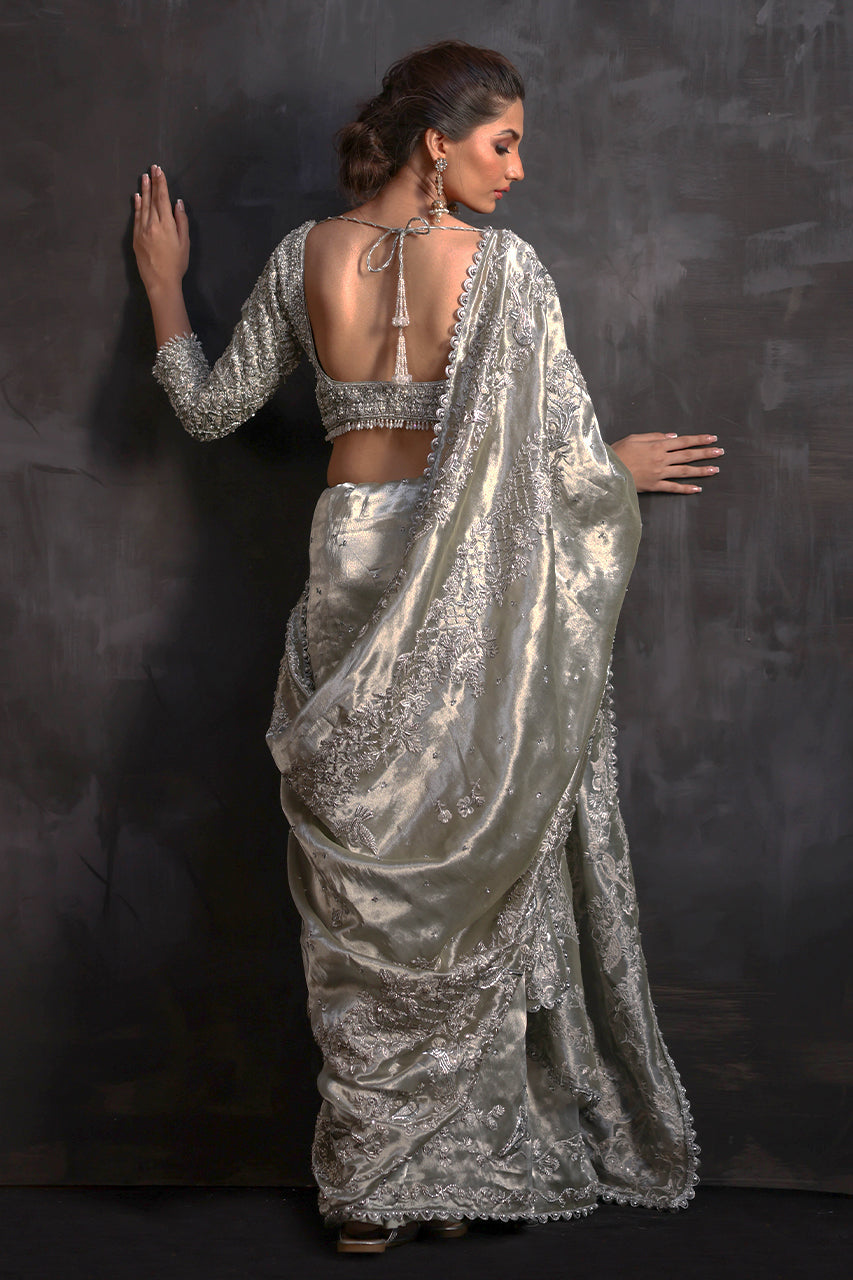 Indian Mint Zardozi Metallic Silk Saree (2-Piece) - Image 4