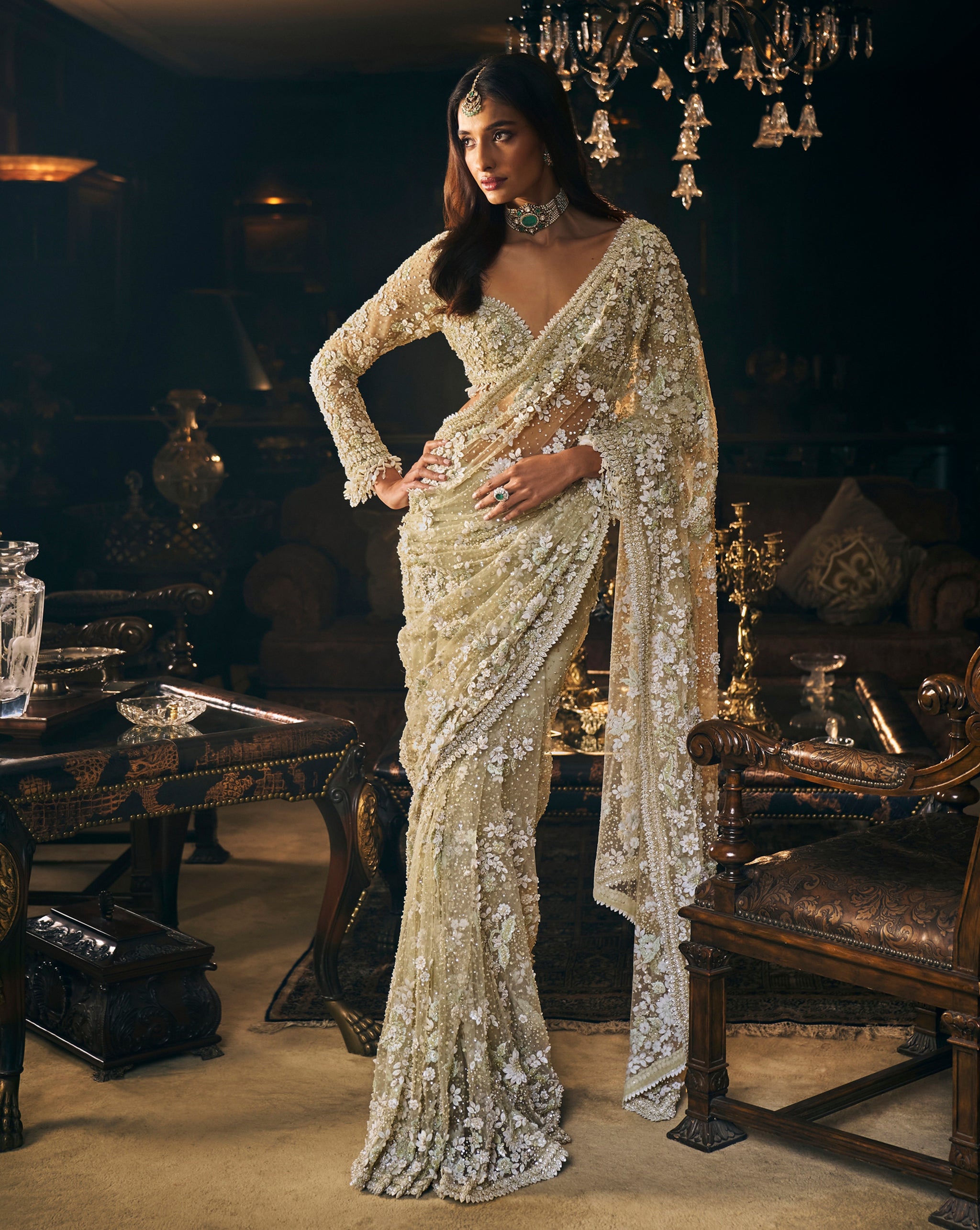 Indian Sage Green Embroidered Net Saree (2-Piece) - Image 2