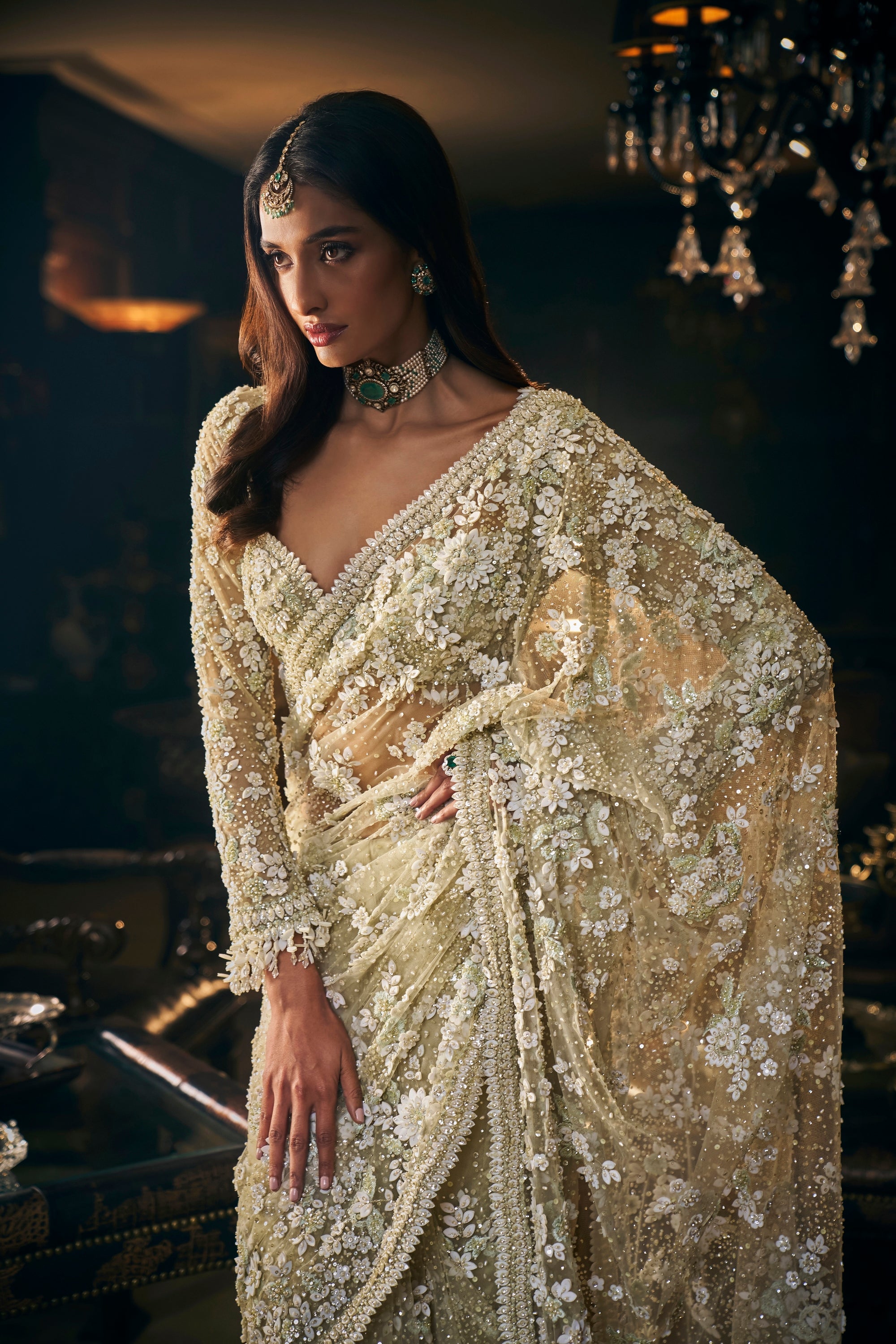 Indian Sage Green Embroidered Net Saree (2-Piece) - Image 3