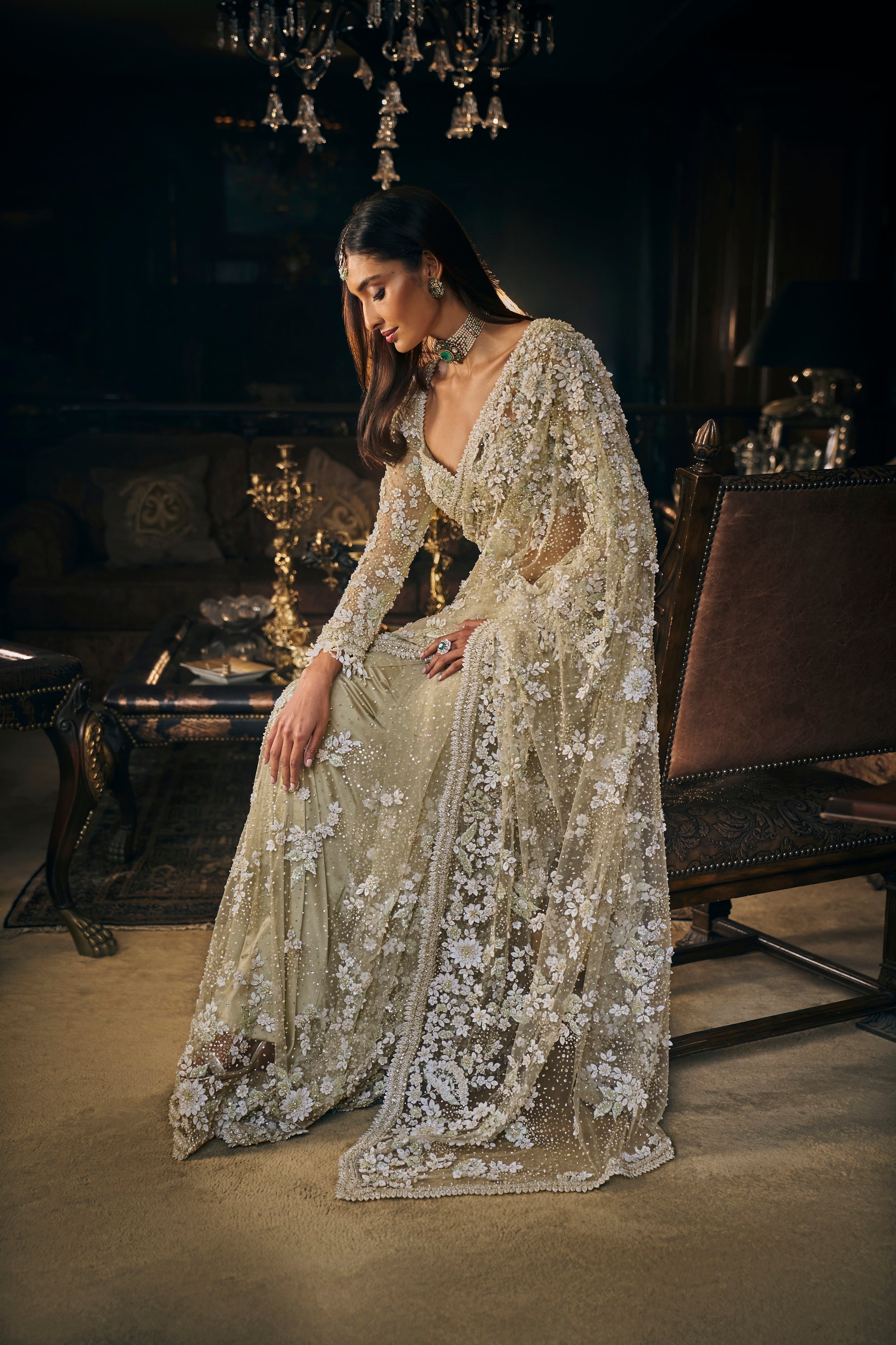 Indian Sage Green Embroidered Net Saree (2-Piece) - Image 5