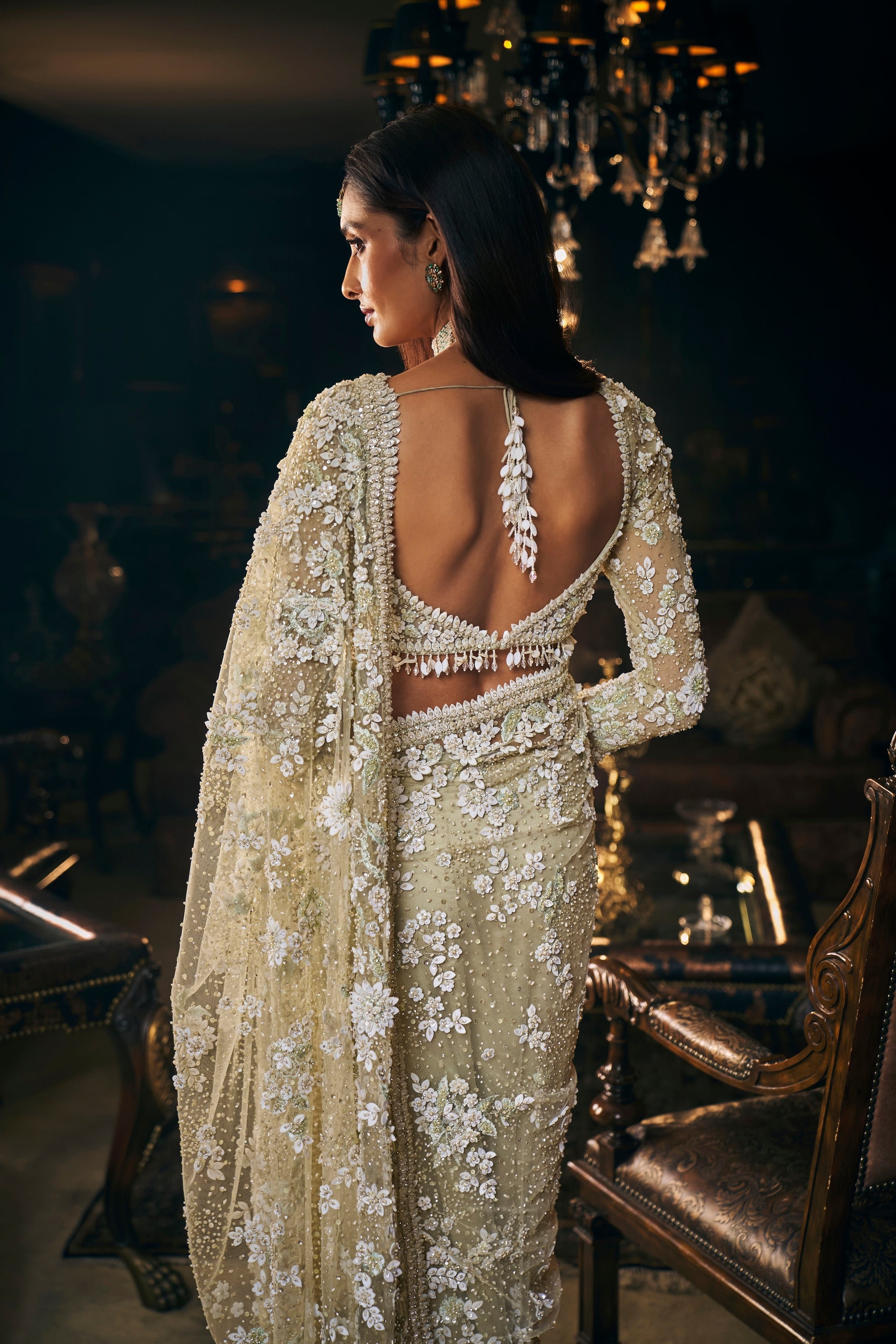 Indian Sage Green Embroidered Net Saree (2-Piece) - Image 6