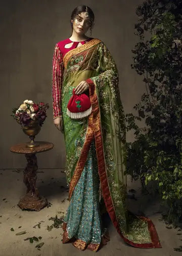 Pakistani Multi-Coloured Aari Pearl Dabka Net Saree (3-Piece) - Image 1