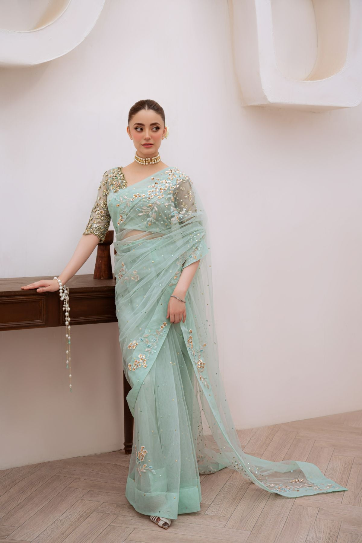 Soft Mint Green Beaded Net Saree (3-Piece) - Image 1