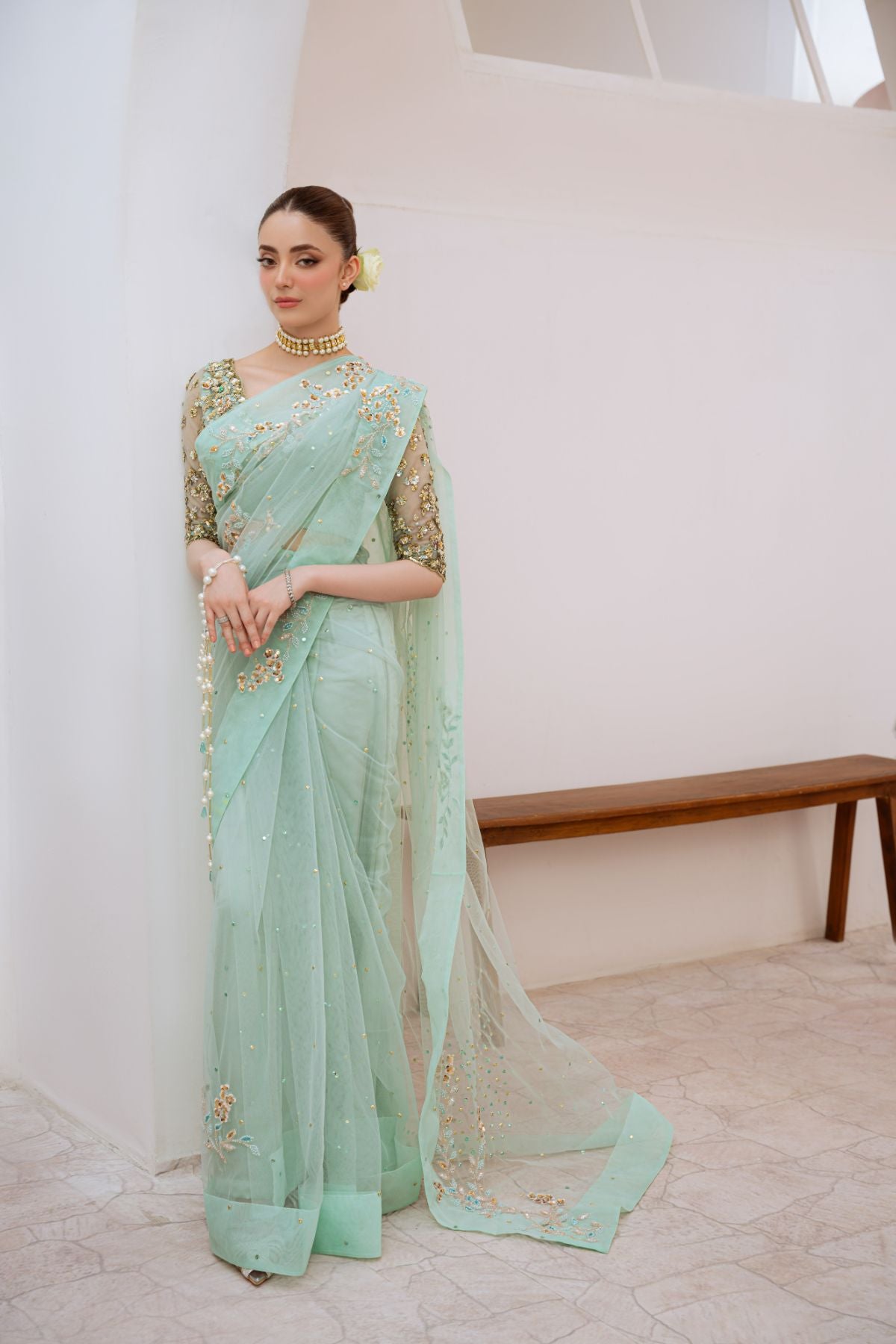 Soft Mint Green Beaded Net Saree (3-Piece) - Image 10