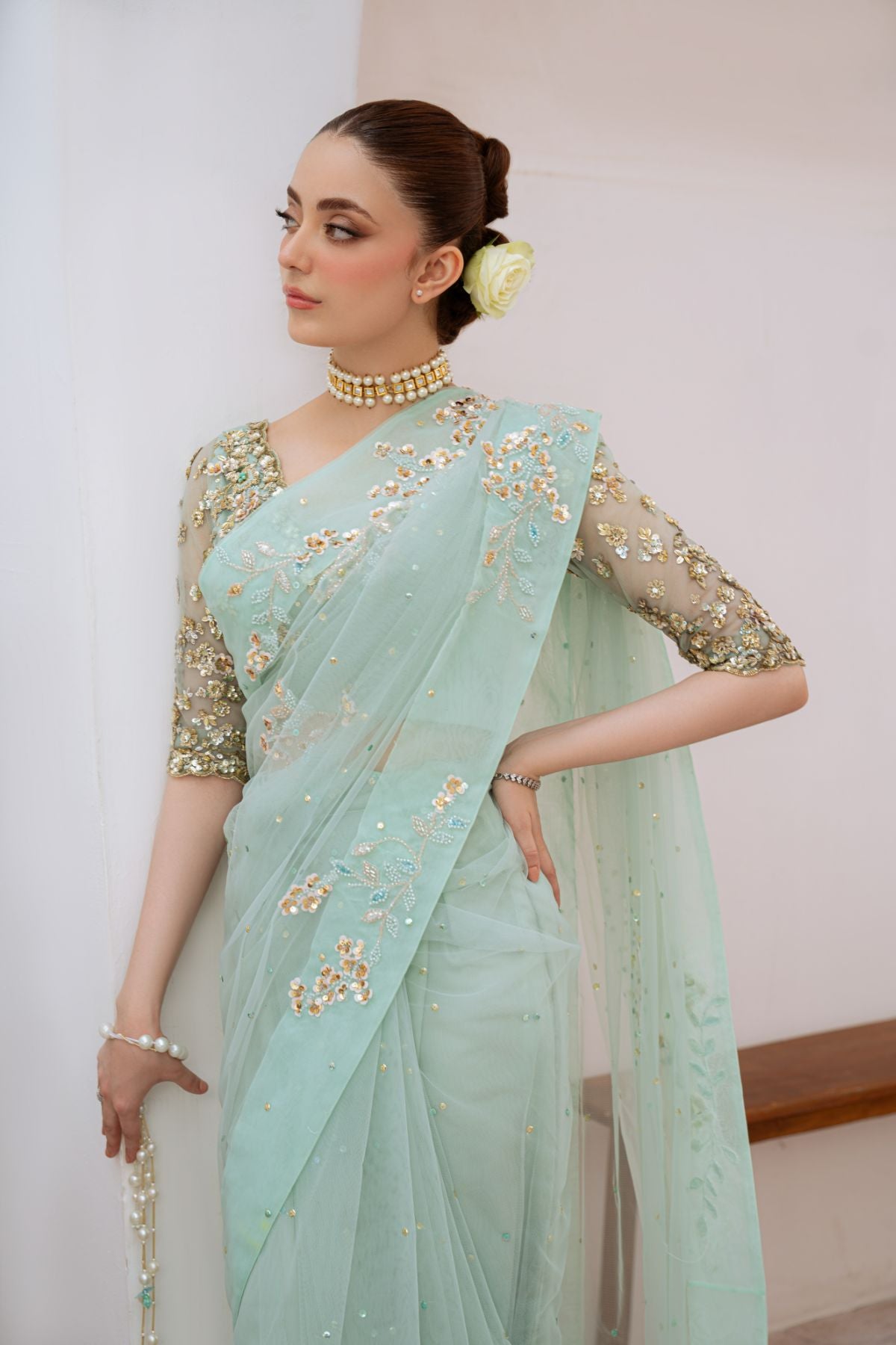 Soft Mint Green Beaded Net Saree (3-Piece) - Image 11