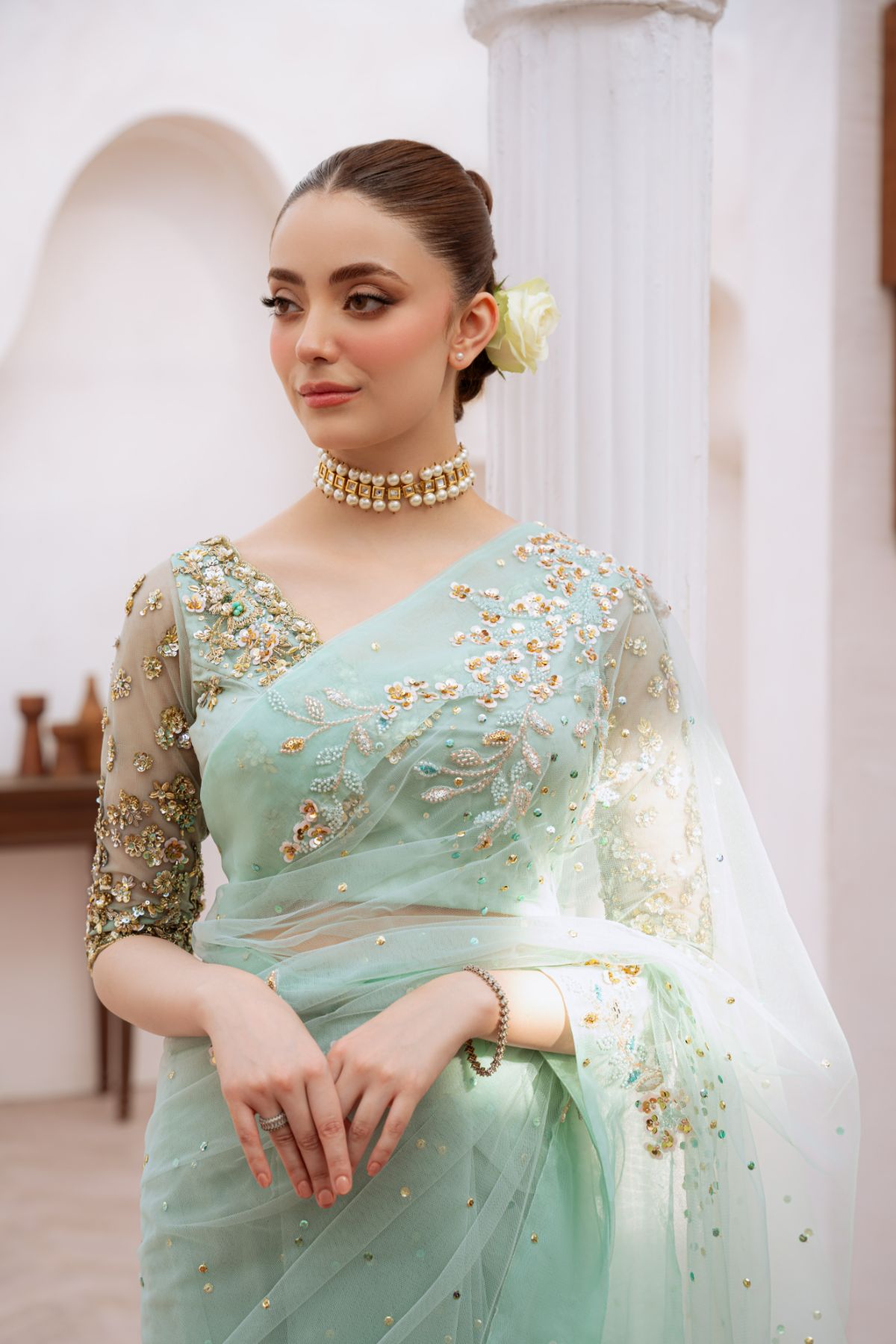 Soft Mint Green Beaded Net Saree (3-Piece) - Image 2