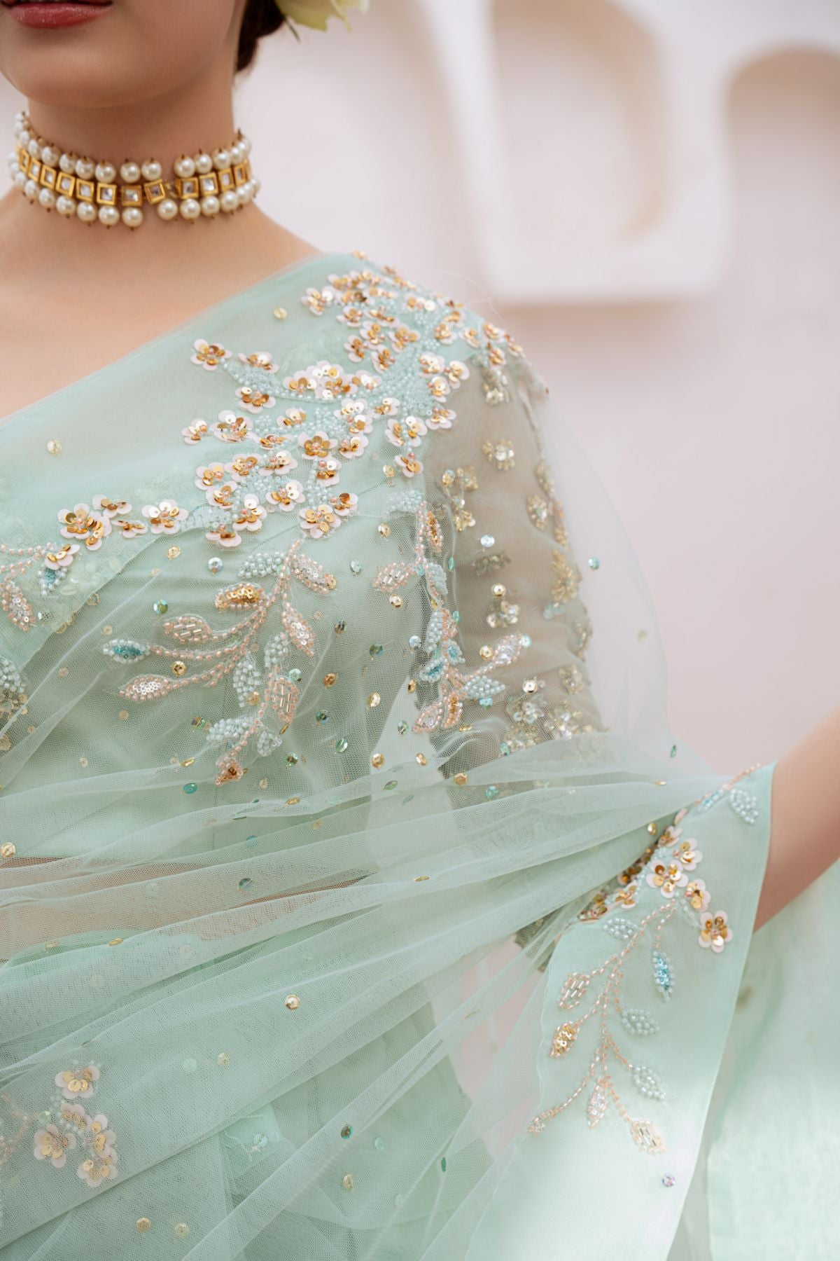 Soft Mint Green Beaded Net Saree (3-Piece) - Image 3