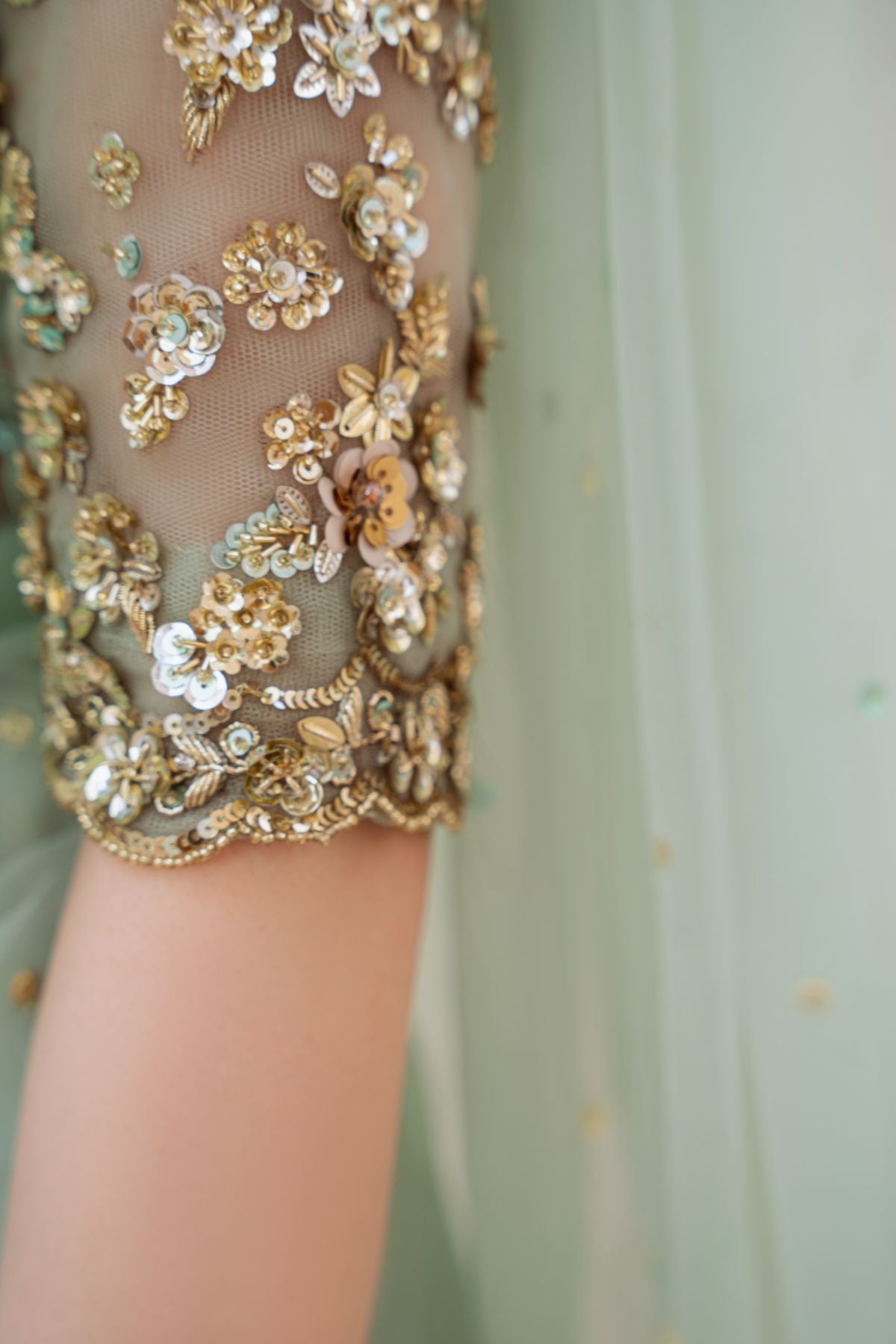 Soft Mint Green Beaded Net Saree (3-Piece) - Image 4