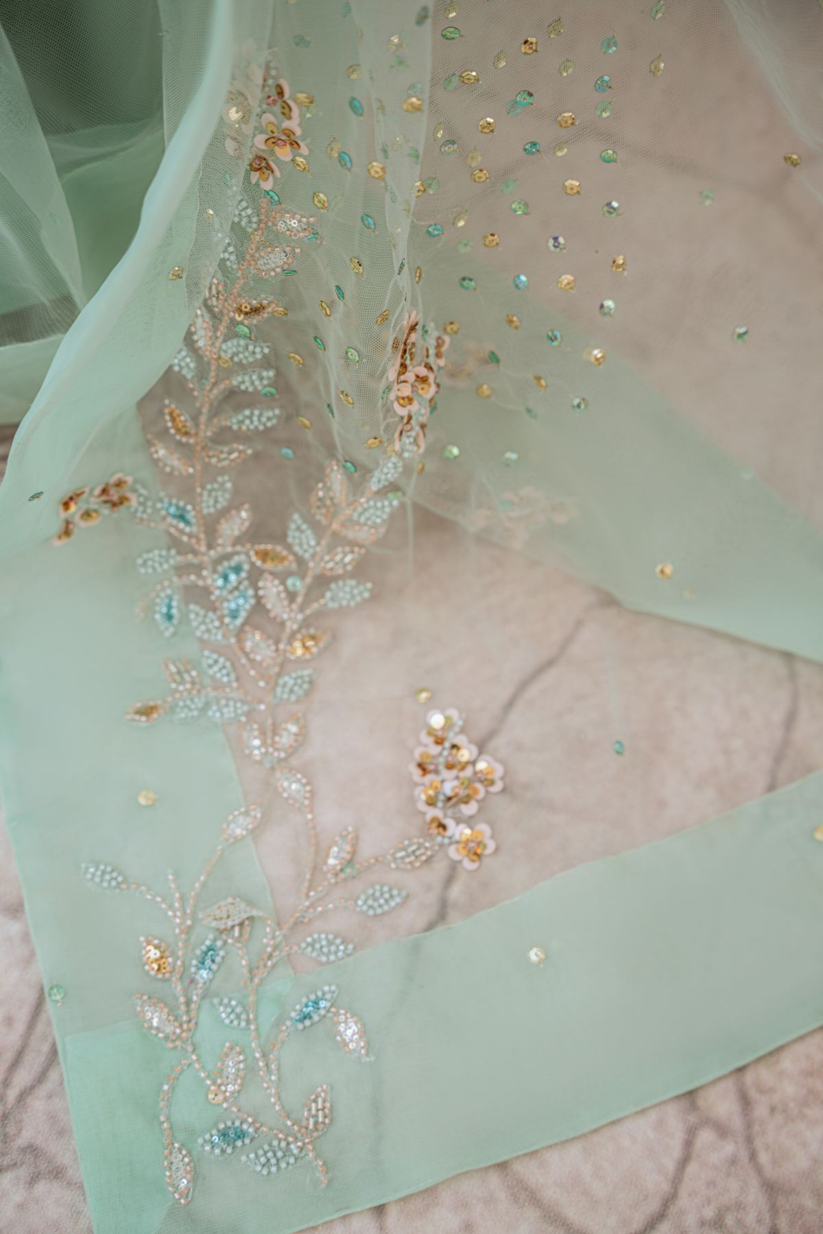 Soft Mint Green Beaded Net Saree (3-Piece) - Image 5